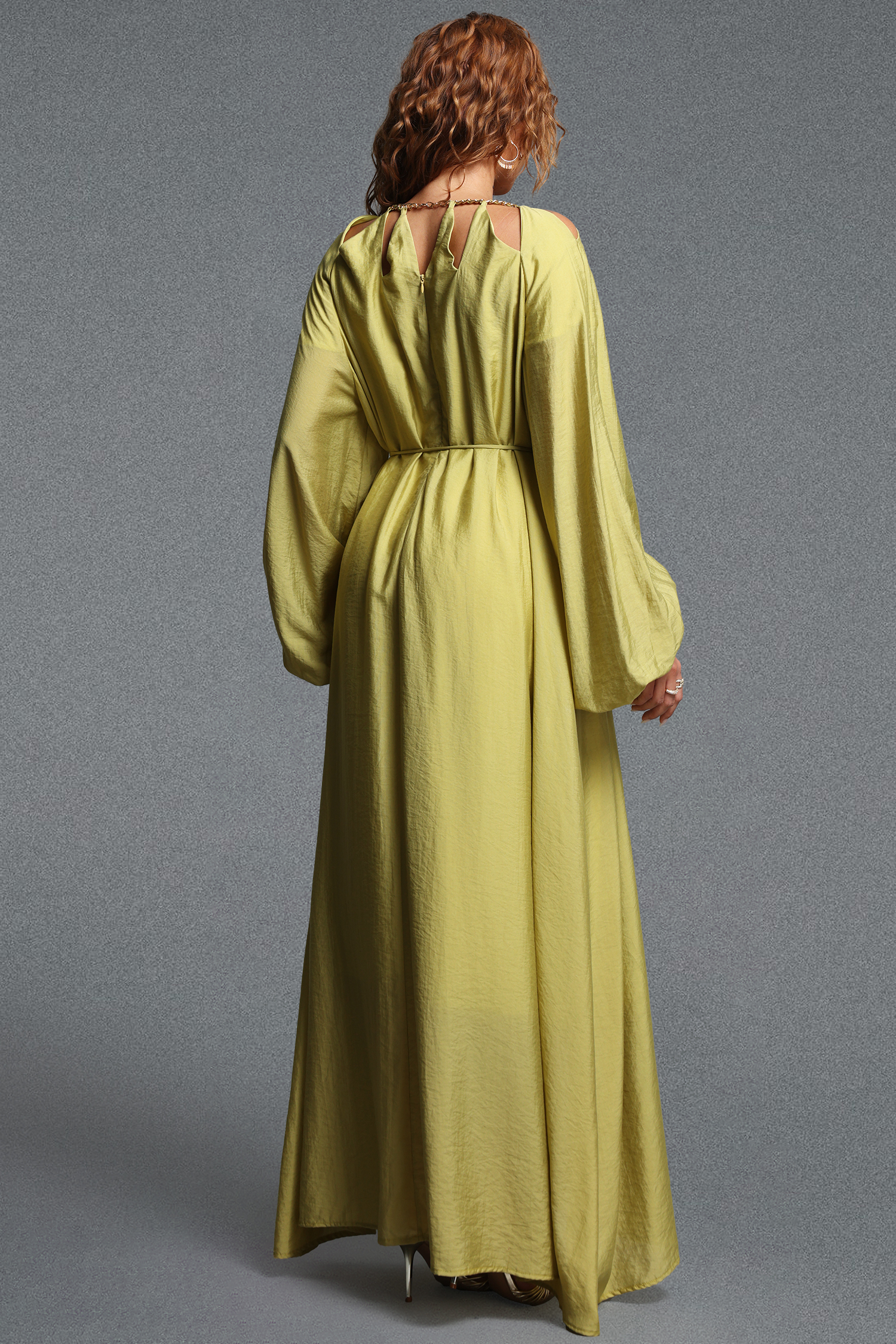 Tesare Romantic Flowy Cut-Out Round Neck Long Sleeve Tie-Waist Woven Maxi Dress