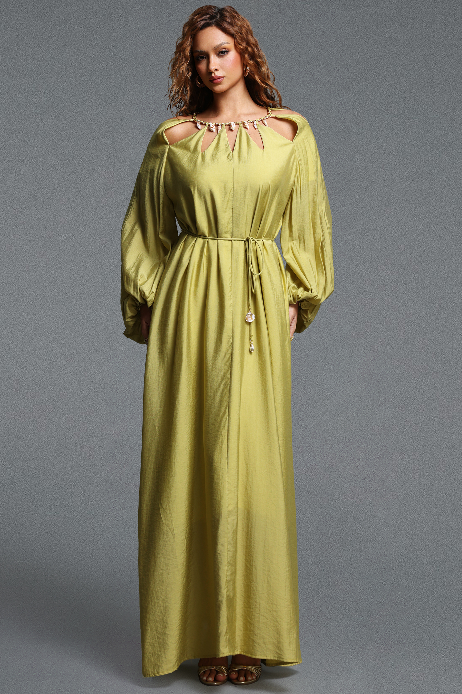 Tesare Romantic Flowy Cut-Out Round Neck Long Sleeve Tie-Waist Woven Maxi Dress