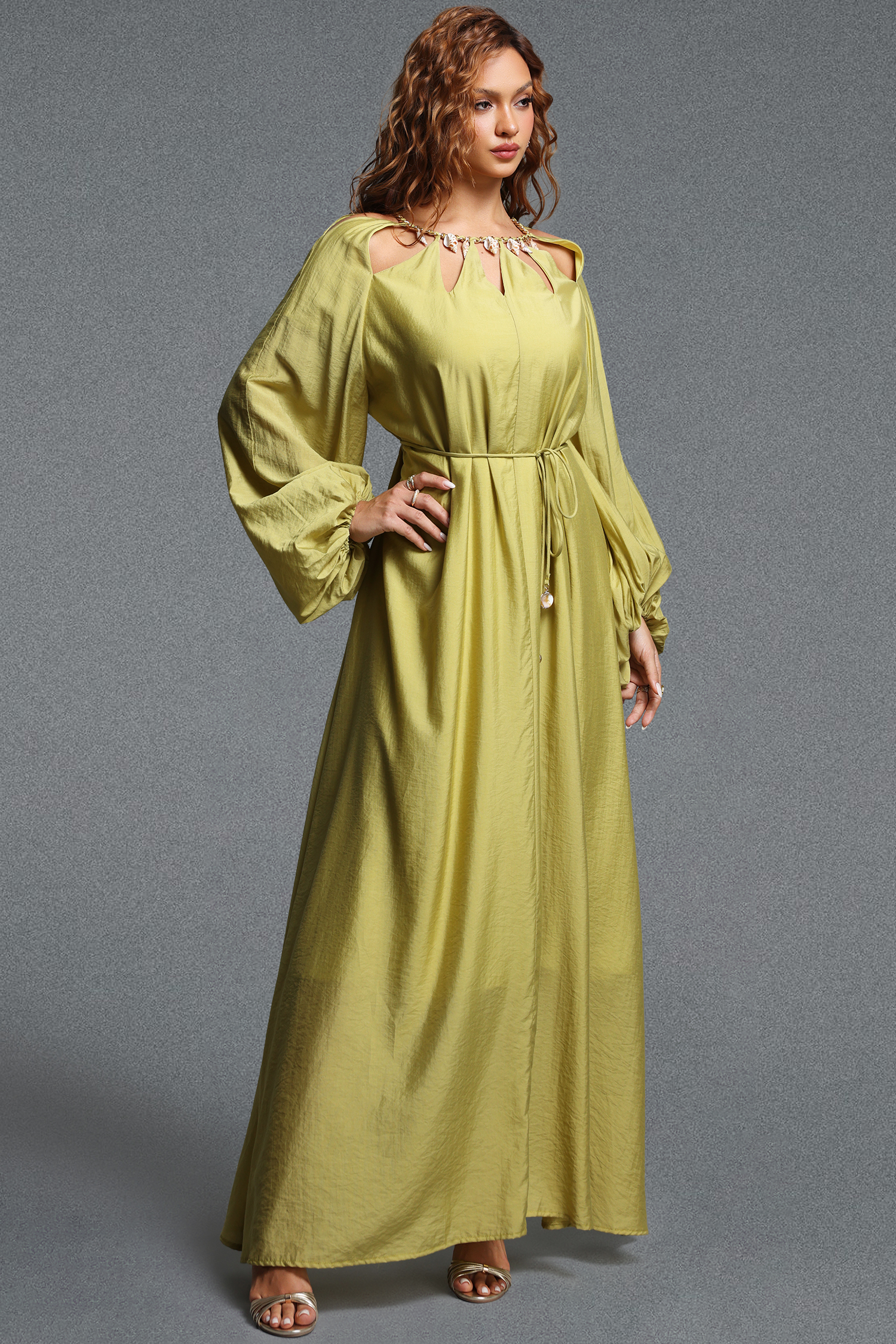 Tesare Romantic Flowy Cut-Out Round Neck Long Sleeve Tie-Waist Woven Maxi Dress