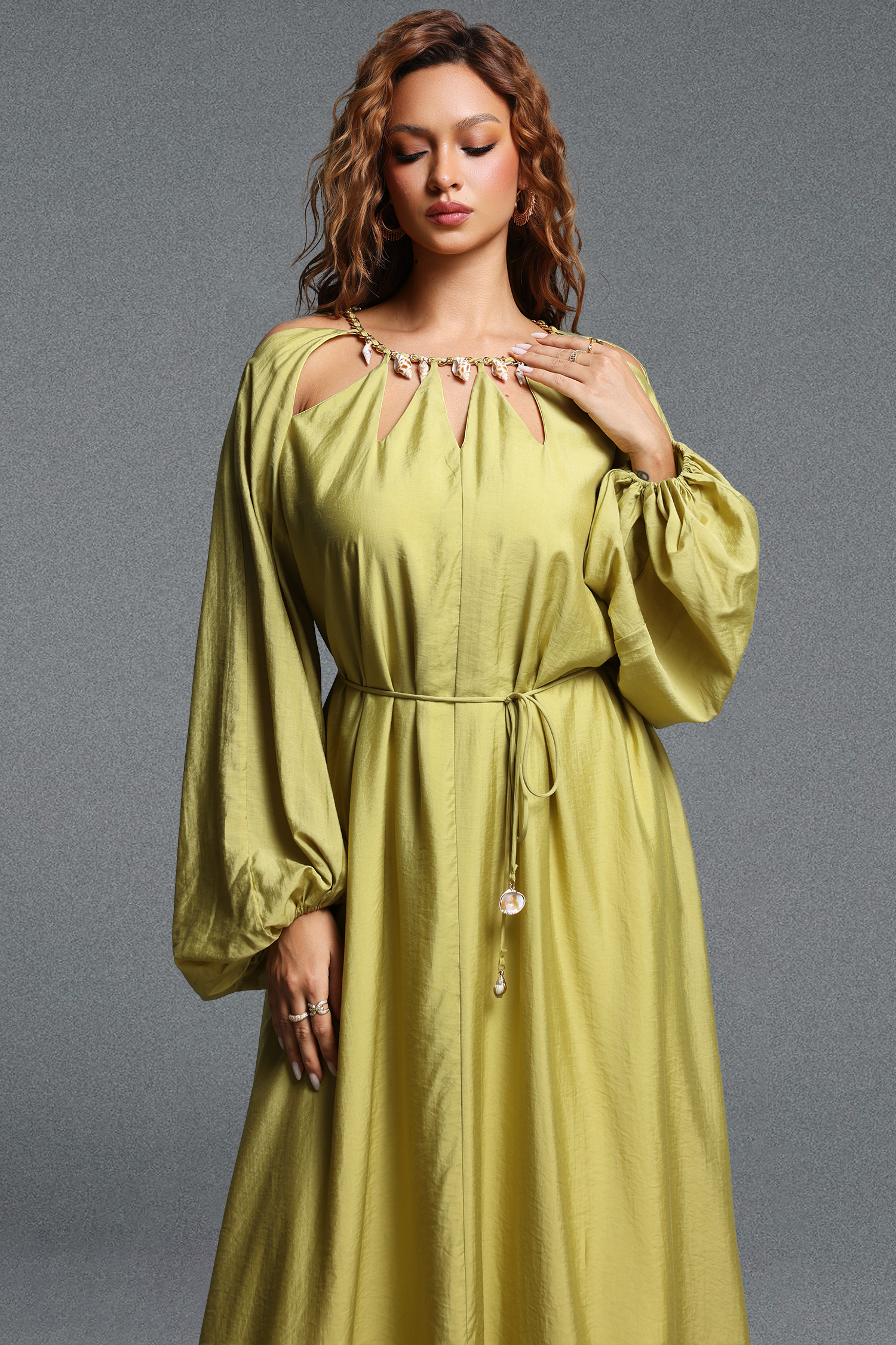 Tesare Romantic Flowy Cut-Out Round Neck Long Sleeve Tie-Waist Woven Maxi Dress