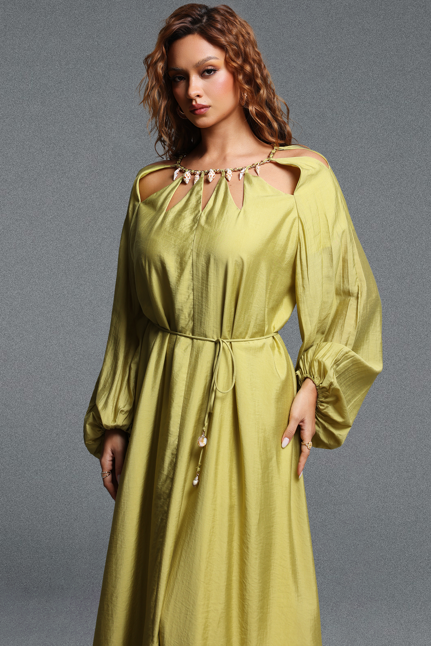 Tesare Romantic Flowy Cut-Out Round Neck Long Sleeve Tie-Waist Woven Maxi Dress