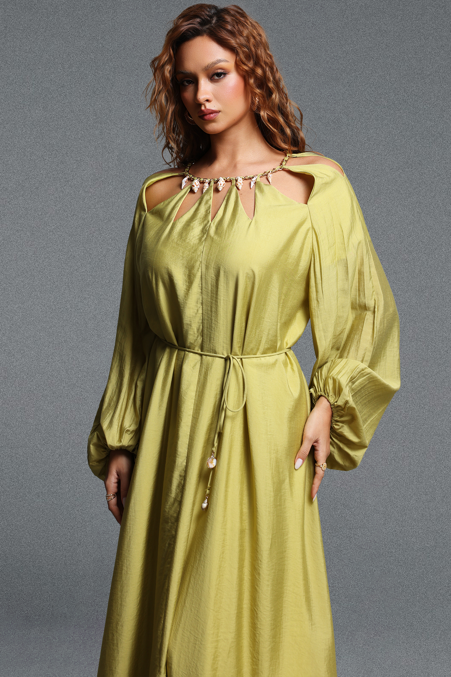 Tesare Romantic Flowy Cut-Out Round Neck Long Sleeve Tie-Waist Woven Maxi Dress