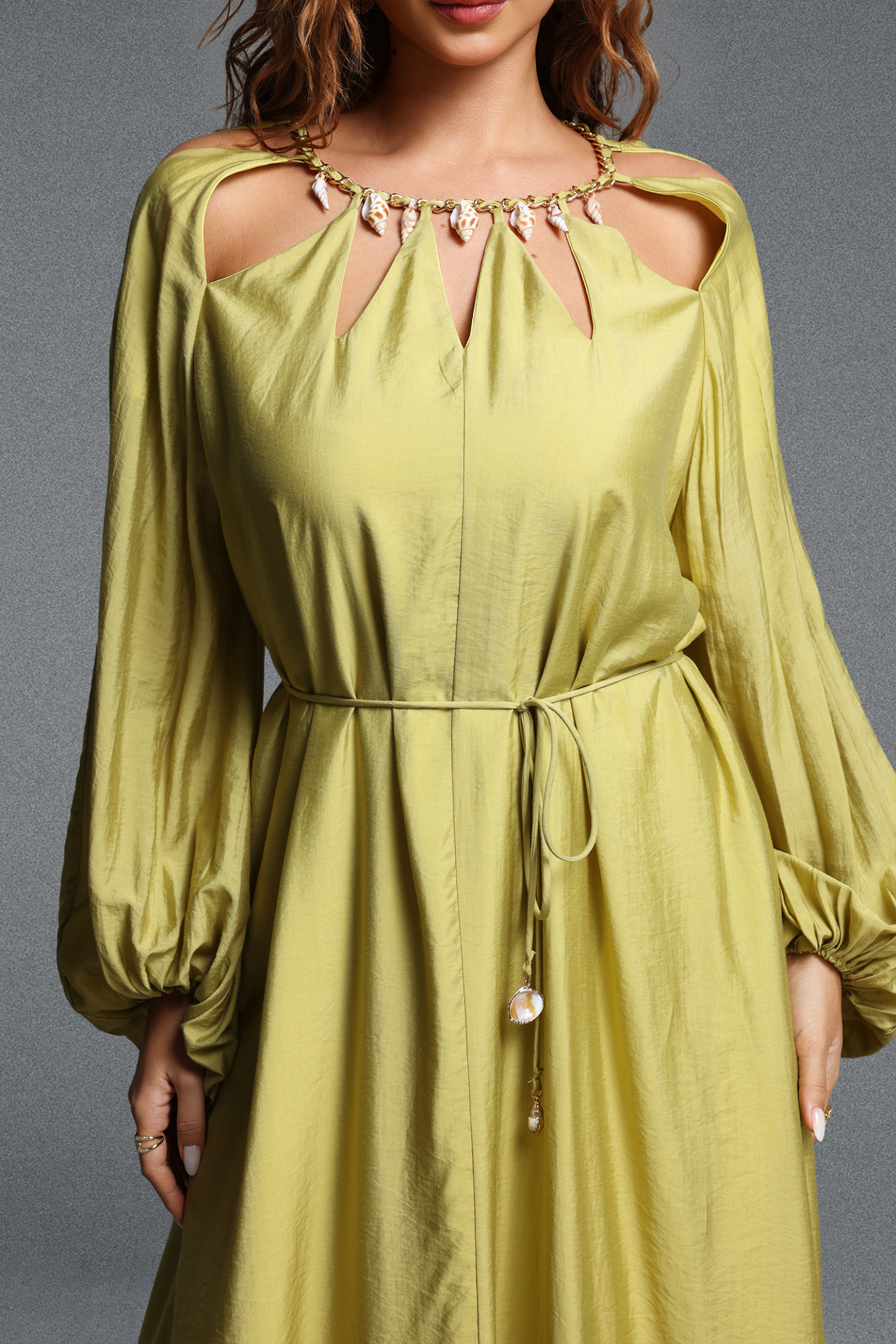 Tesare Romantic Flowy Cut-Out Round Neck Long Sleeve Tie-Waist Woven Maxi Dress