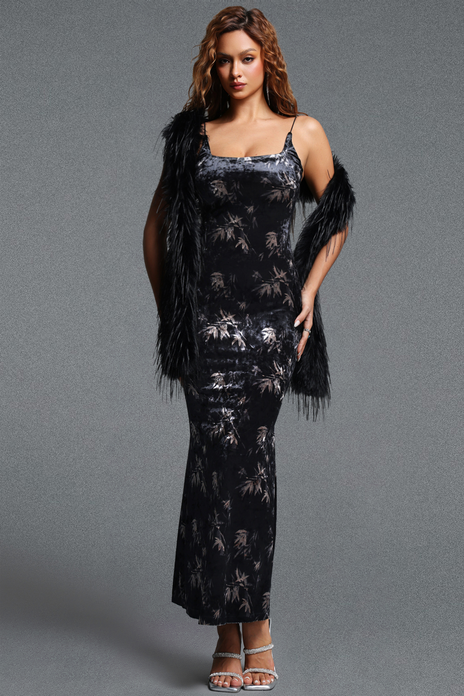 Habane Vintage Tailored Spaghetti Strap Print Velvet Maxi Dress