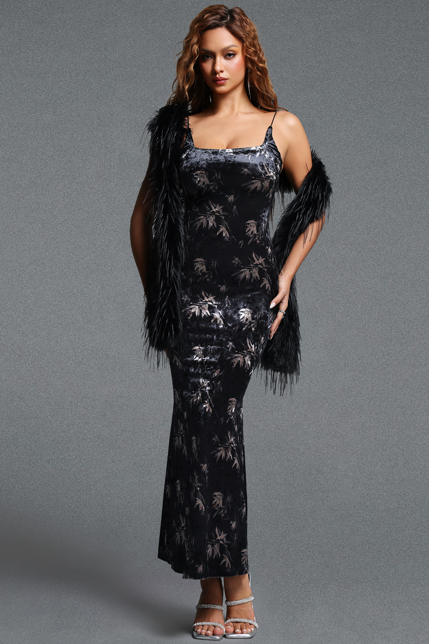 Habane Vintage Tailored Spaghetti Strap Print Velvet Maxi Dress