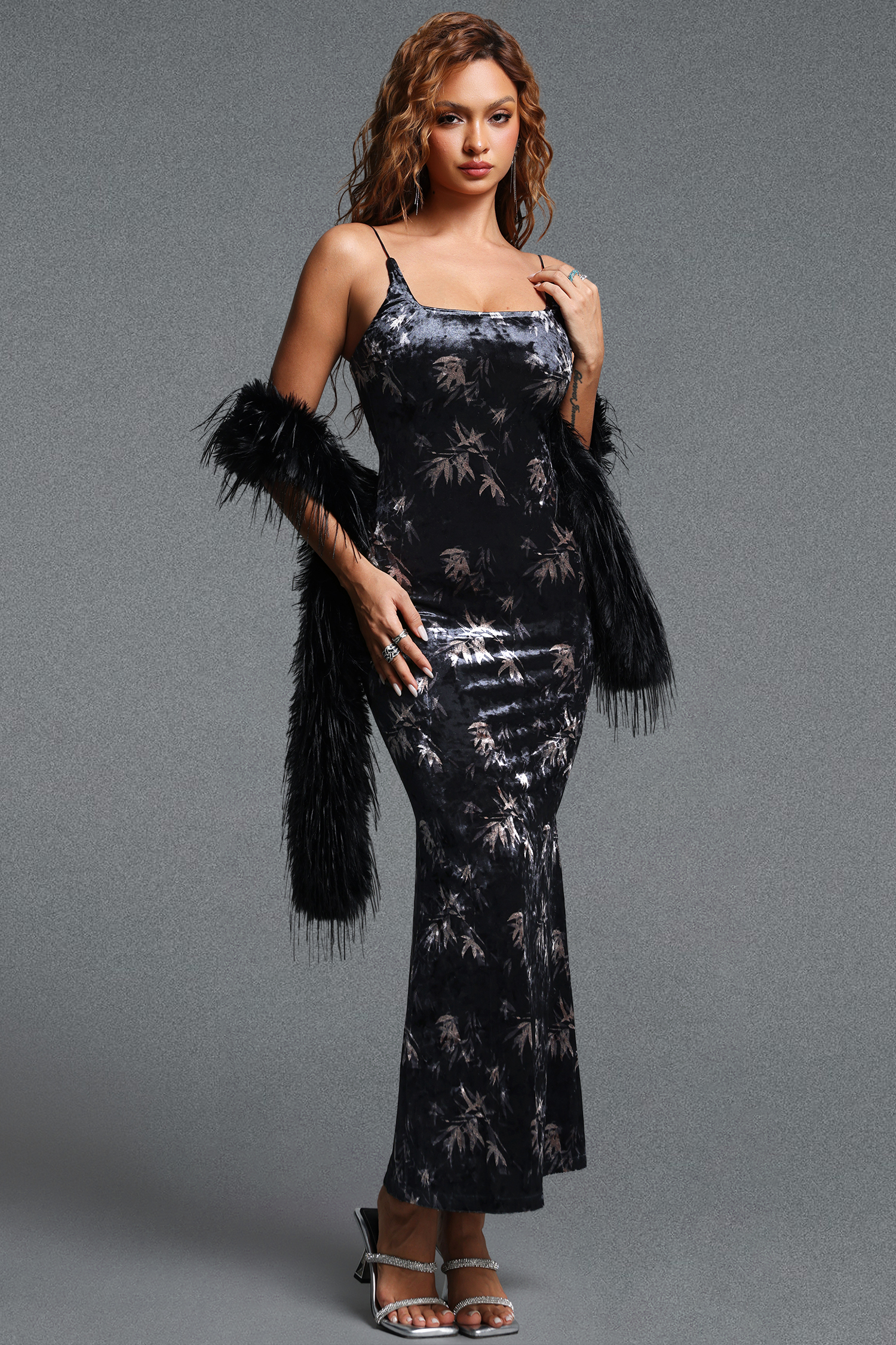 Habane Vintage Tailored Spaghetti Strap Print Velvet Maxi Dress