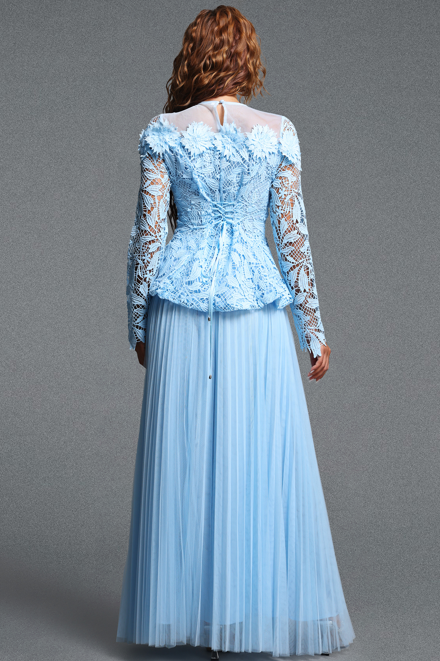 Kasa Romantic Flowy Round Neck Long Sleeve Lace Top and Pleated Tulle Skirt Two Piece Set