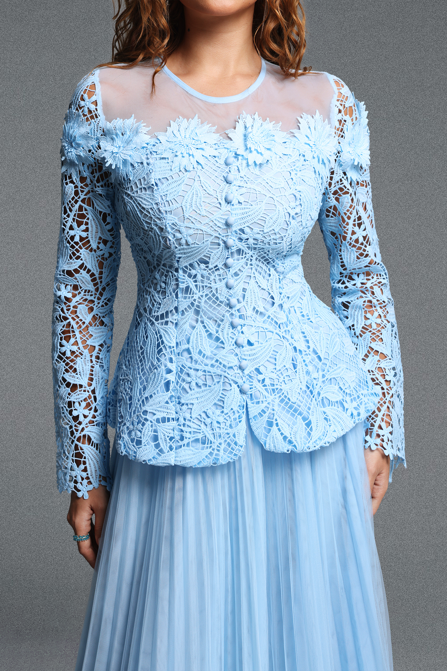Kasa Romantic Flowy Round Neck Long Sleeve Lace Top and Pleated Tulle Skirt Two Piece Set
