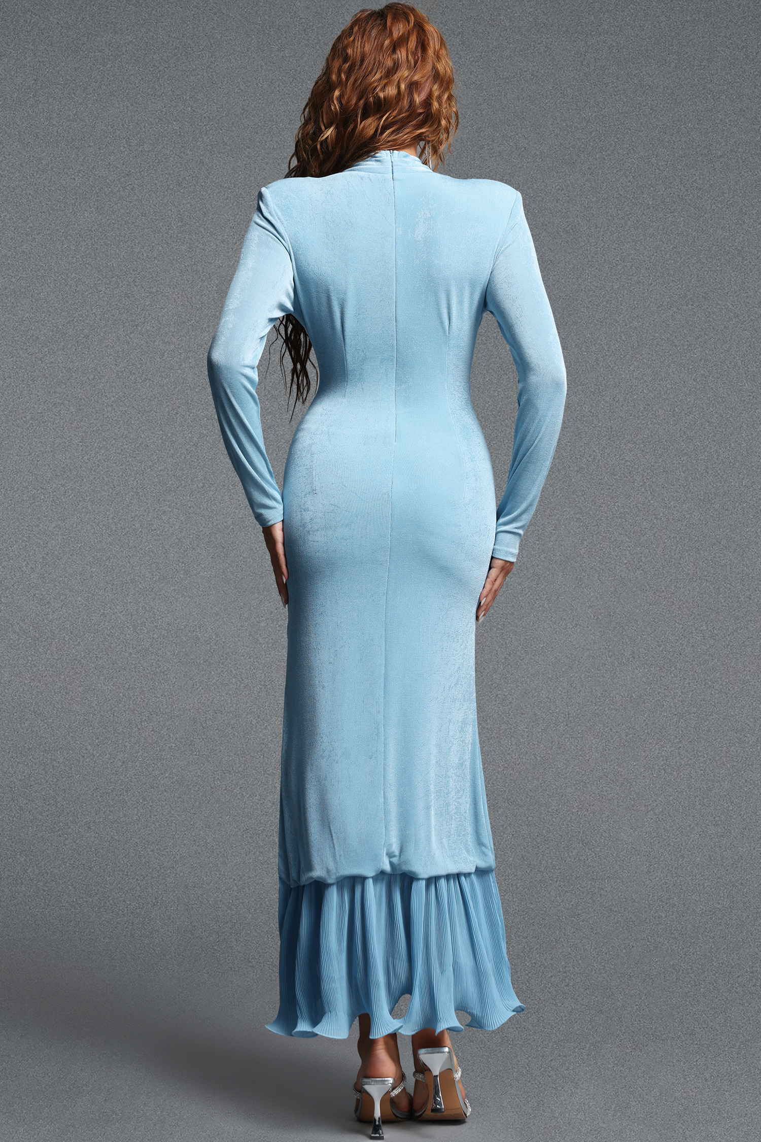 Radmila Vintage Contour V-Neck Long Sleeve Floral Ruffle Slit Knit Maxi Dress