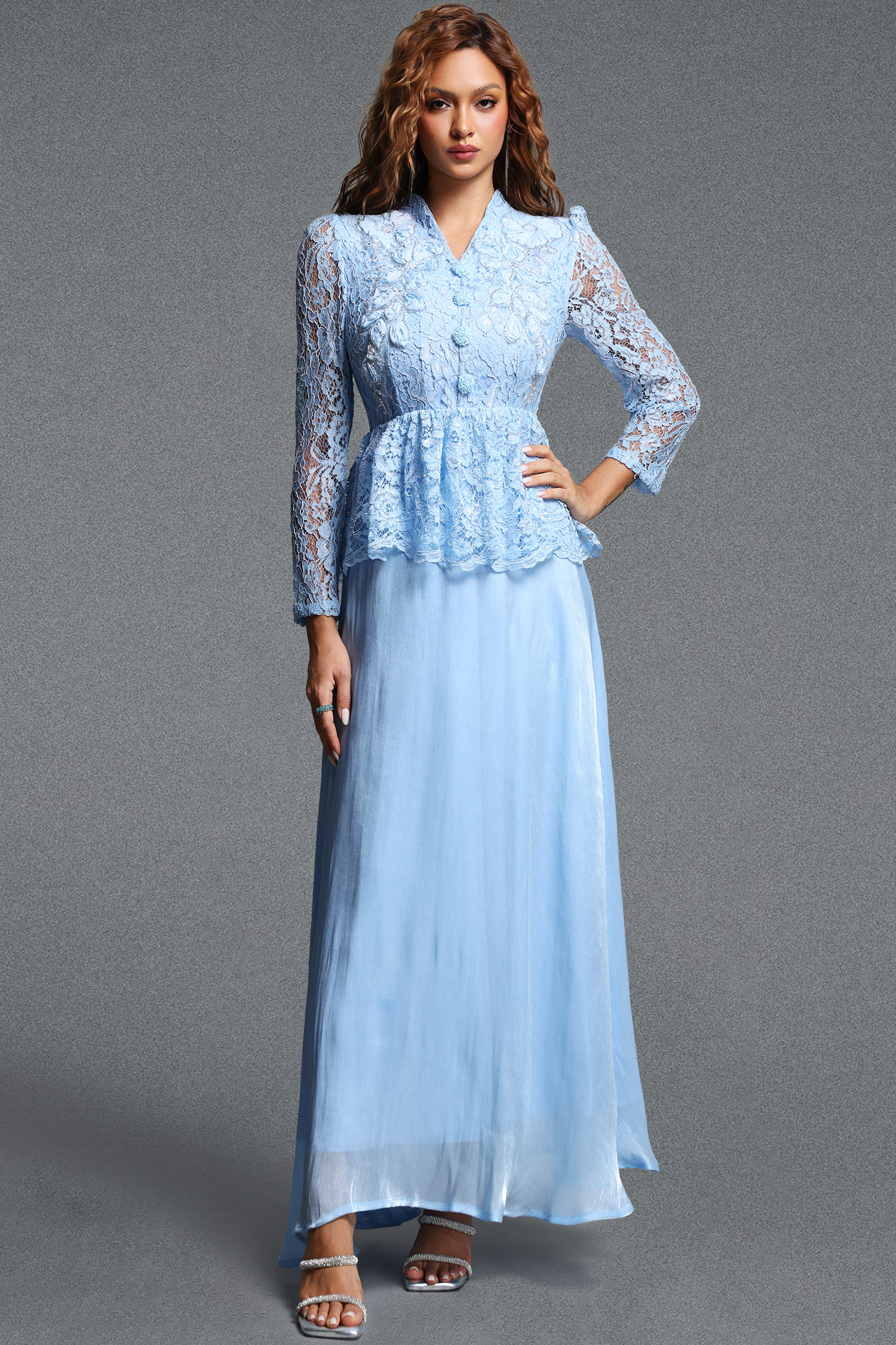 Logan Romantic Flowy V-Neck Long Sleeve Floral Lace Maxi Dress
