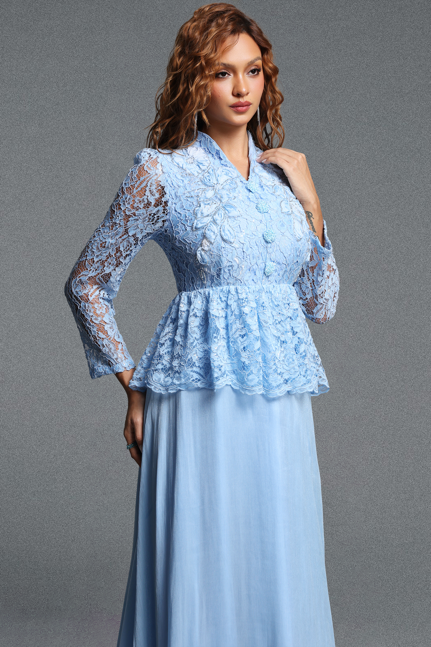 Logan Romantic Flowy V-Neck Long Sleeve Floral Lace Maxi Dress