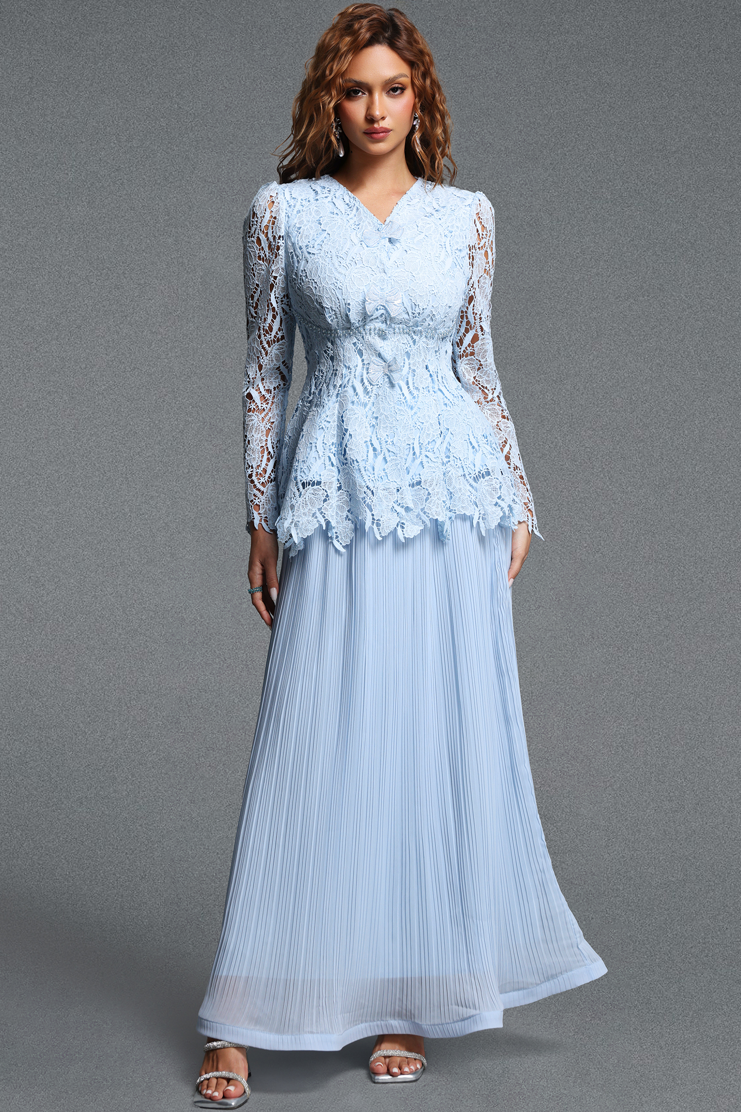 Veva Romantic Flowy V-Neck Long Sleeve Lace Spliced Pleated Chiffon Maxi Dress