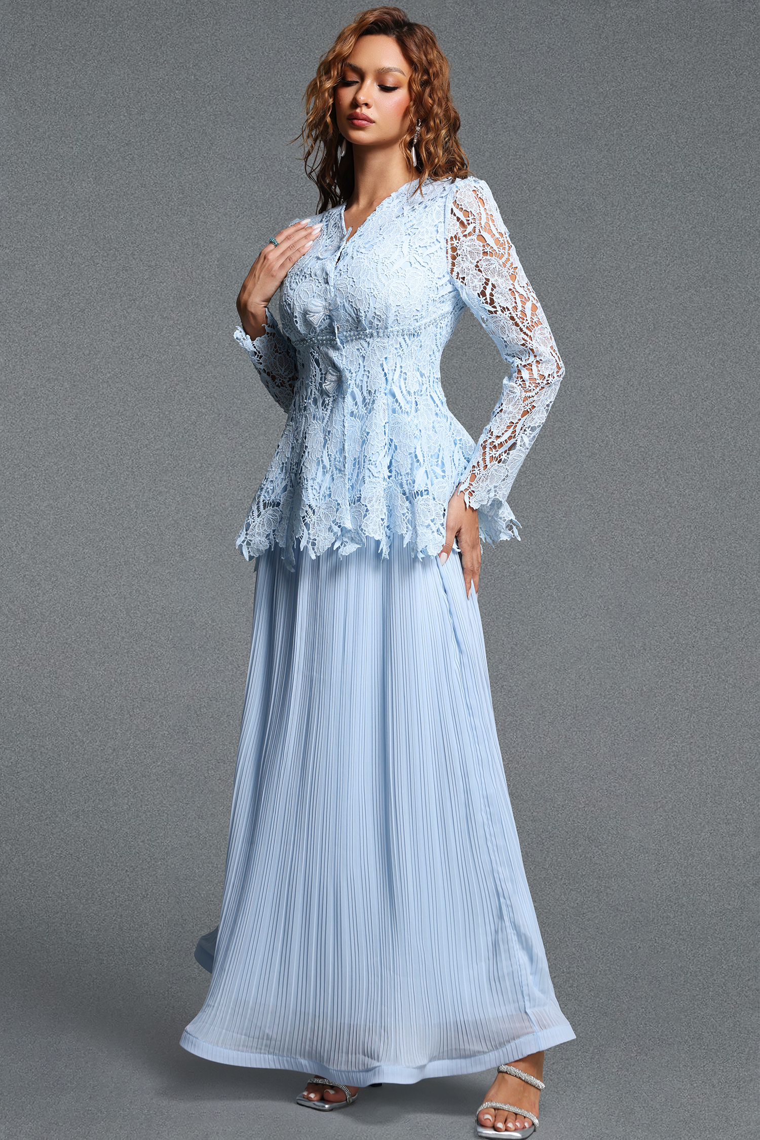 Veva Romantic Flowy V-Neck Long Sleeve Lace Spliced Pleated Chiffon Maxi Dress