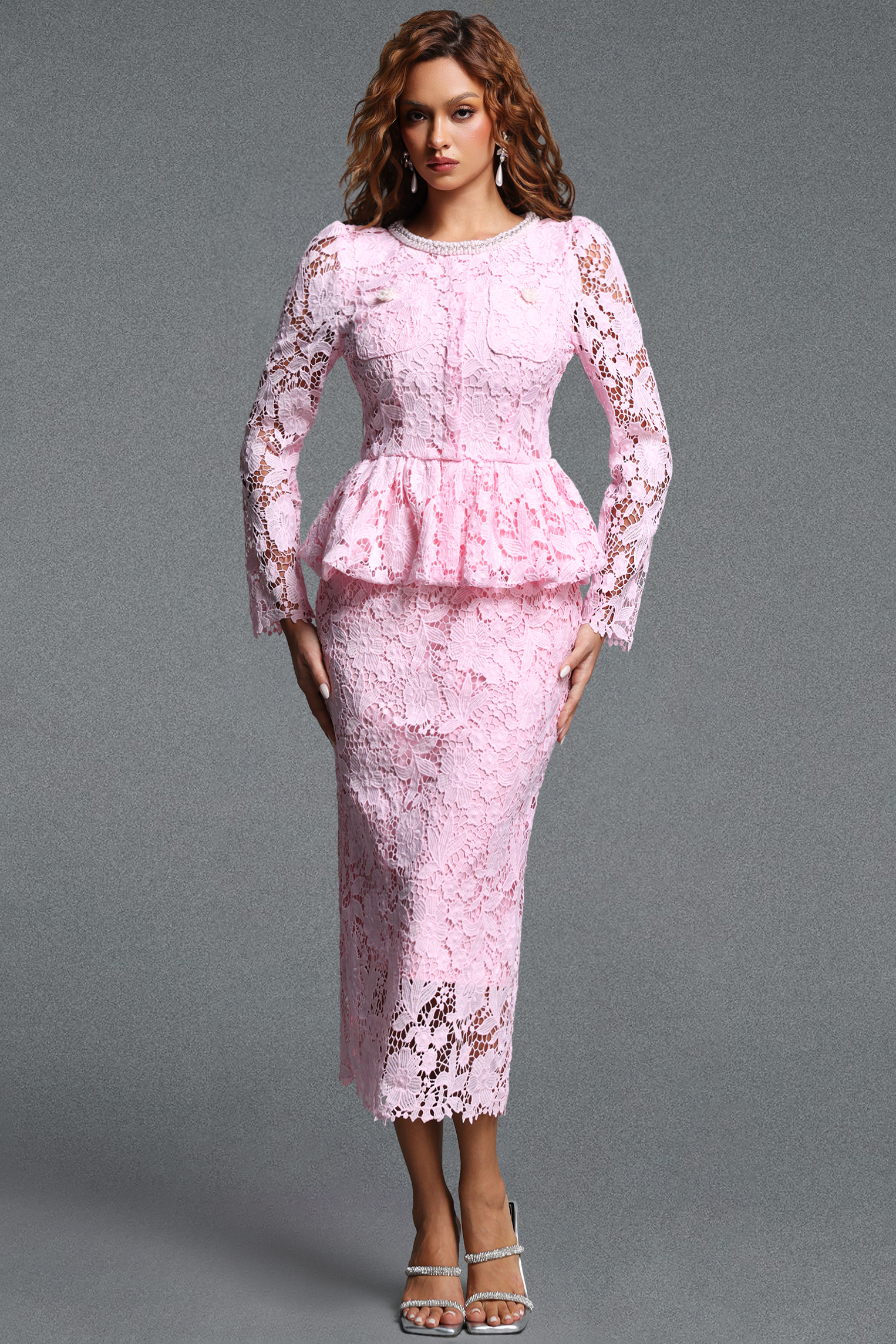 Lucifa Elegant Tailored Pearl Embellished Round Neck Long Sleeve Ruffle Lace Maxi Dress