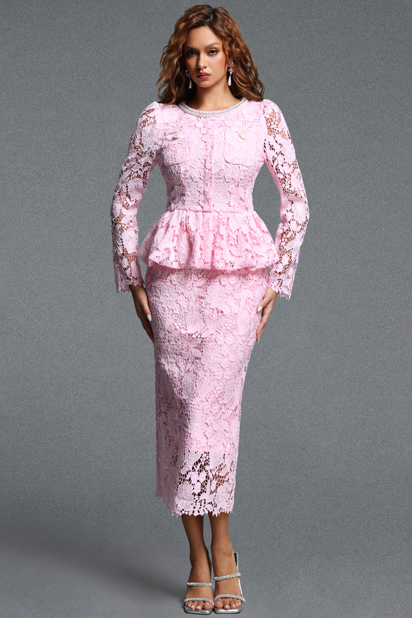 Lucifa Elegant Tailored Pearl Embellished Round Neck Long Sleeve Ruffle Lace Maxi Dress