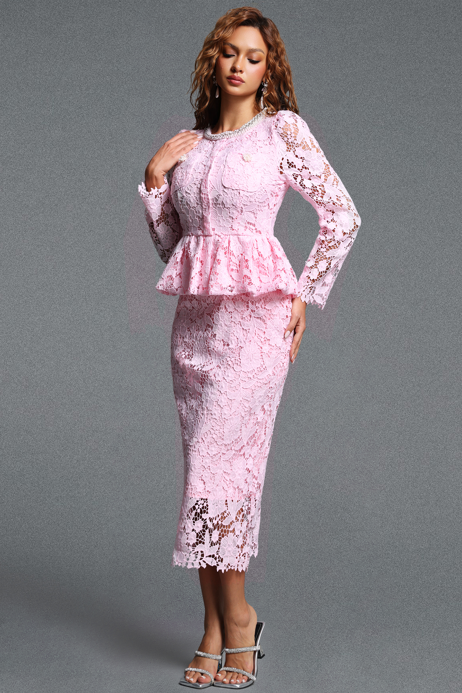 Lucifa Elegant Tailored Pearl Embellished Round Neck Long Sleeve Ruffle Lace Maxi Dress
