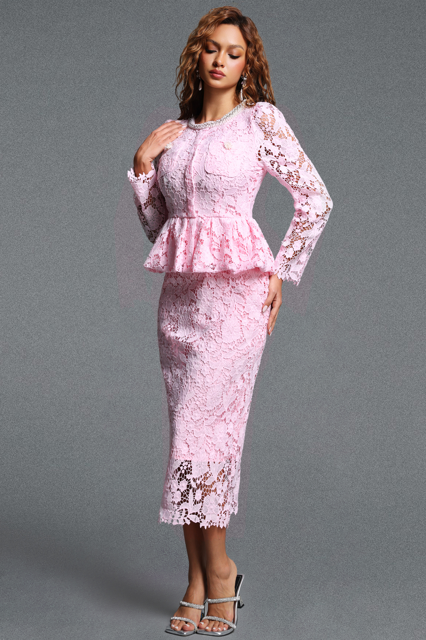 Lucifa Elegant Tailored Pearl Embellished Round Neck Long Sleeve Ruffle Lace Maxi Dress