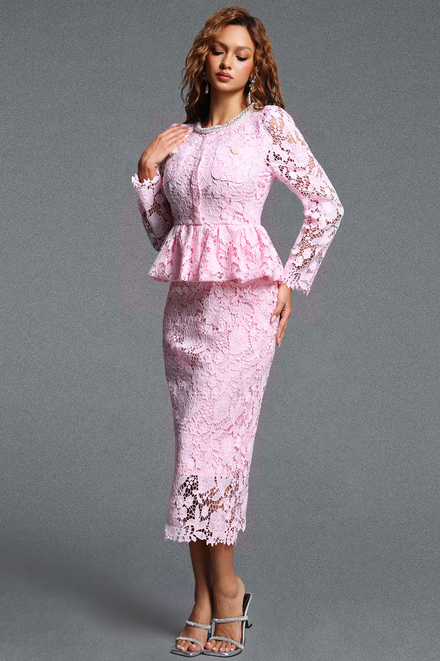 Lucifa Elegant Tailored Pearl Embellished Round Neck Long Sleeve Ruffle Lace Maxi Dress