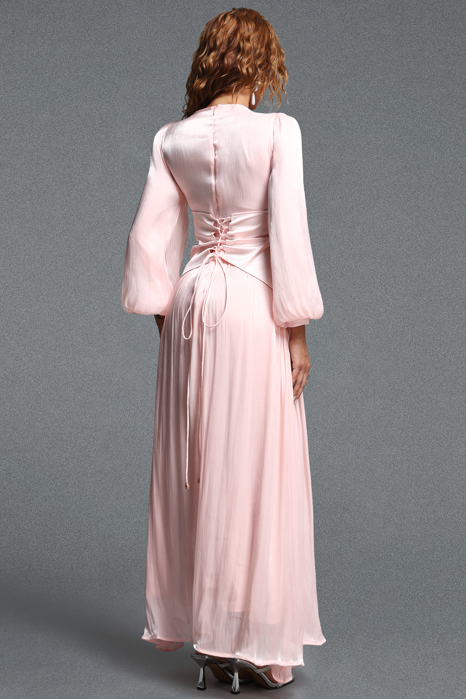 Kasey Romantic Flowy Round Neck Long Sleeve Rhinestone Pleated Shimmer Satin Maxi Dress