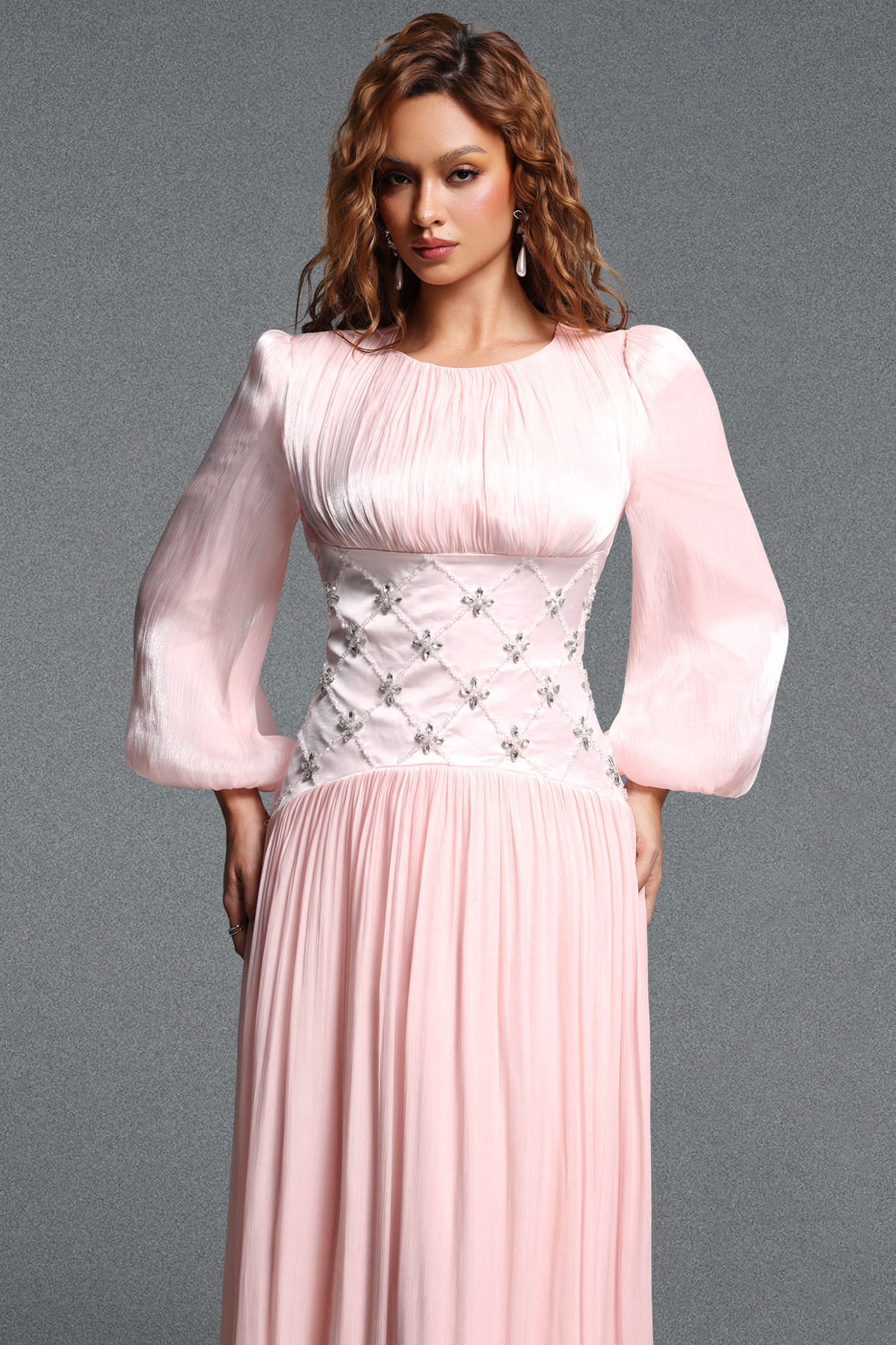 Kasey Romantic Flowy Round Neck Long Sleeve Rhinestone Pleated Shimmer Satin Maxi Dress