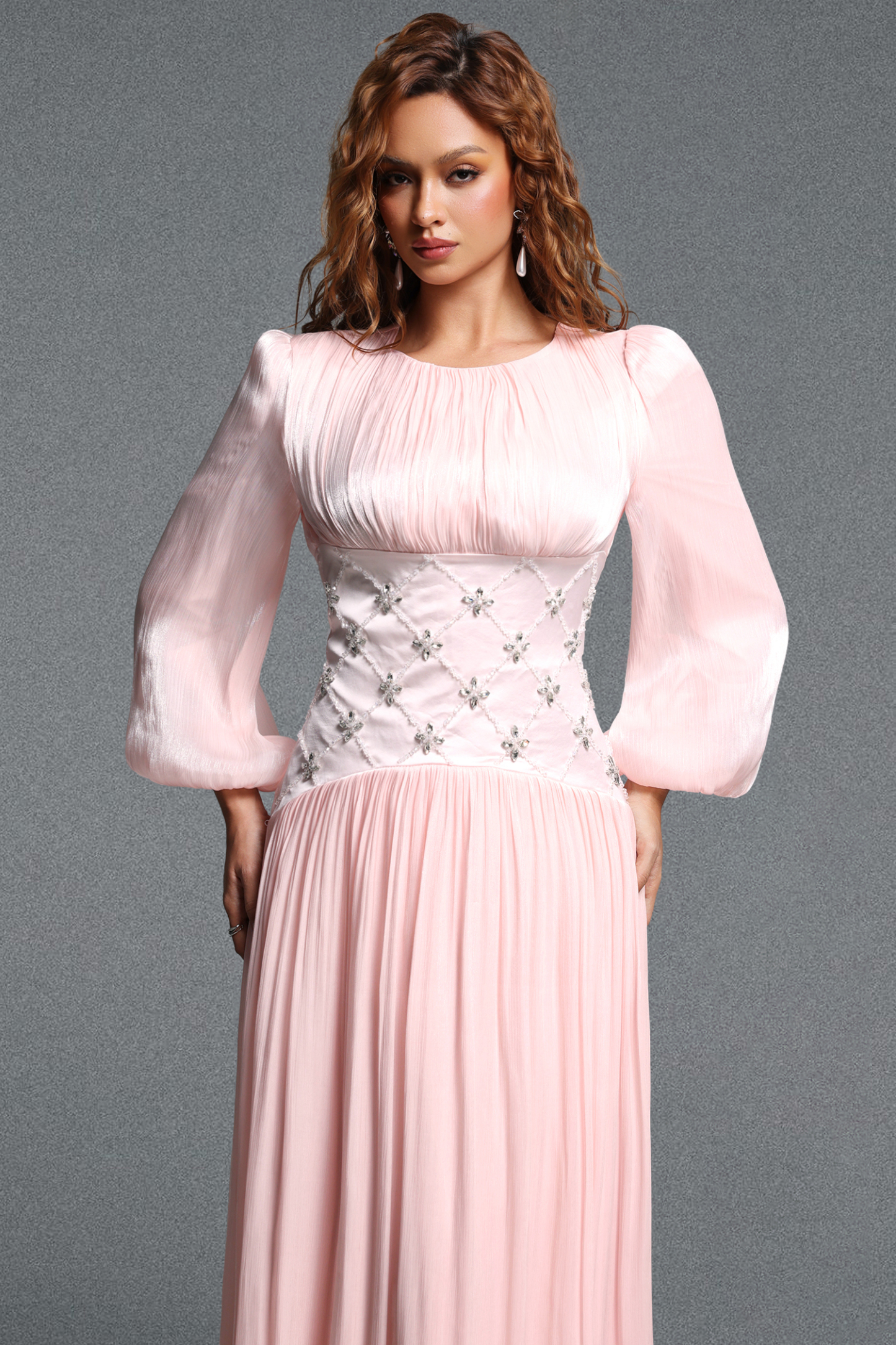 Kasey Romantic Flowy Round Neck Long Sleeve Rhinestone Pleated Shimmer Satin Maxi Dress
