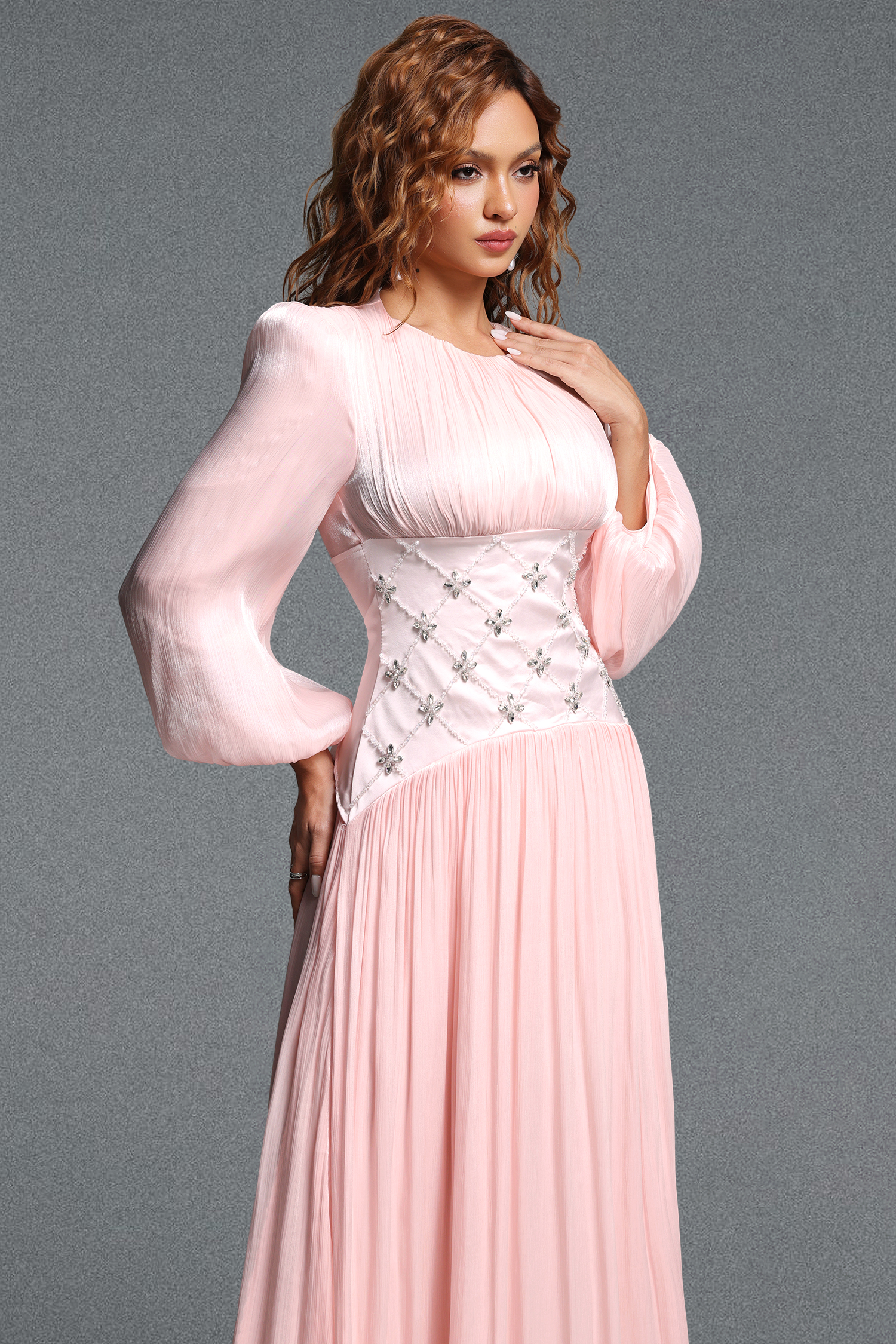 Kasey Romantic Flowy Round Neck Long Sleeve Rhinestone Pleated Shimmer Satin Maxi Dress