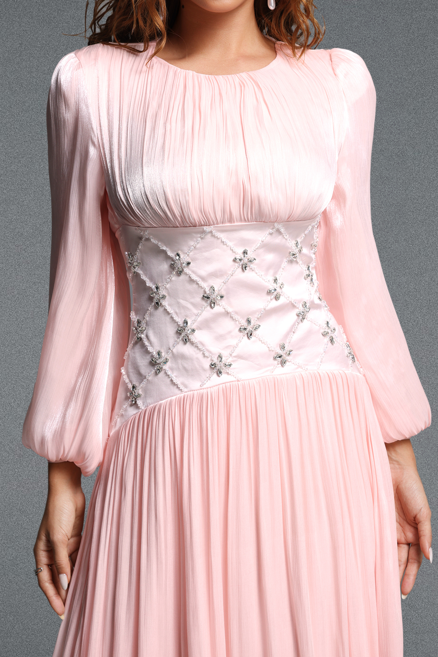 Kasey Romantic Flowy Round Neck Long Sleeve Rhinestone Pleated Shimmer Satin Maxi Dress