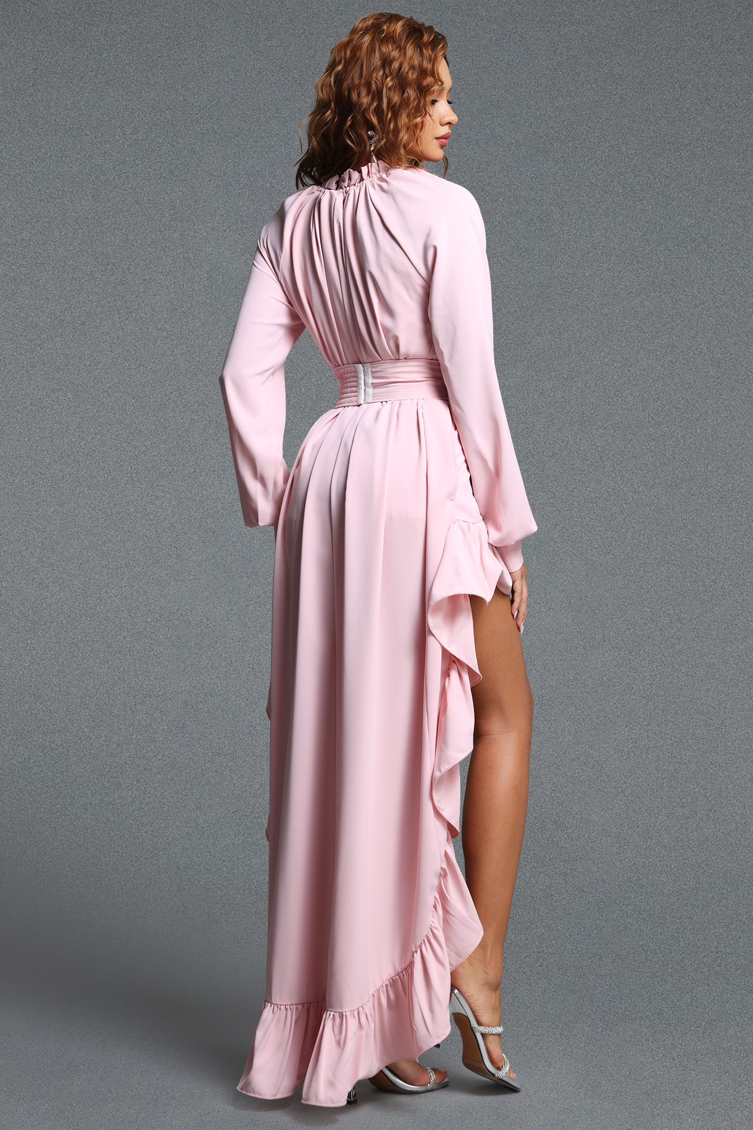 Zaysha Chic Tailored Long Sleeve Ruffle High-Low Woven Maxi Dress