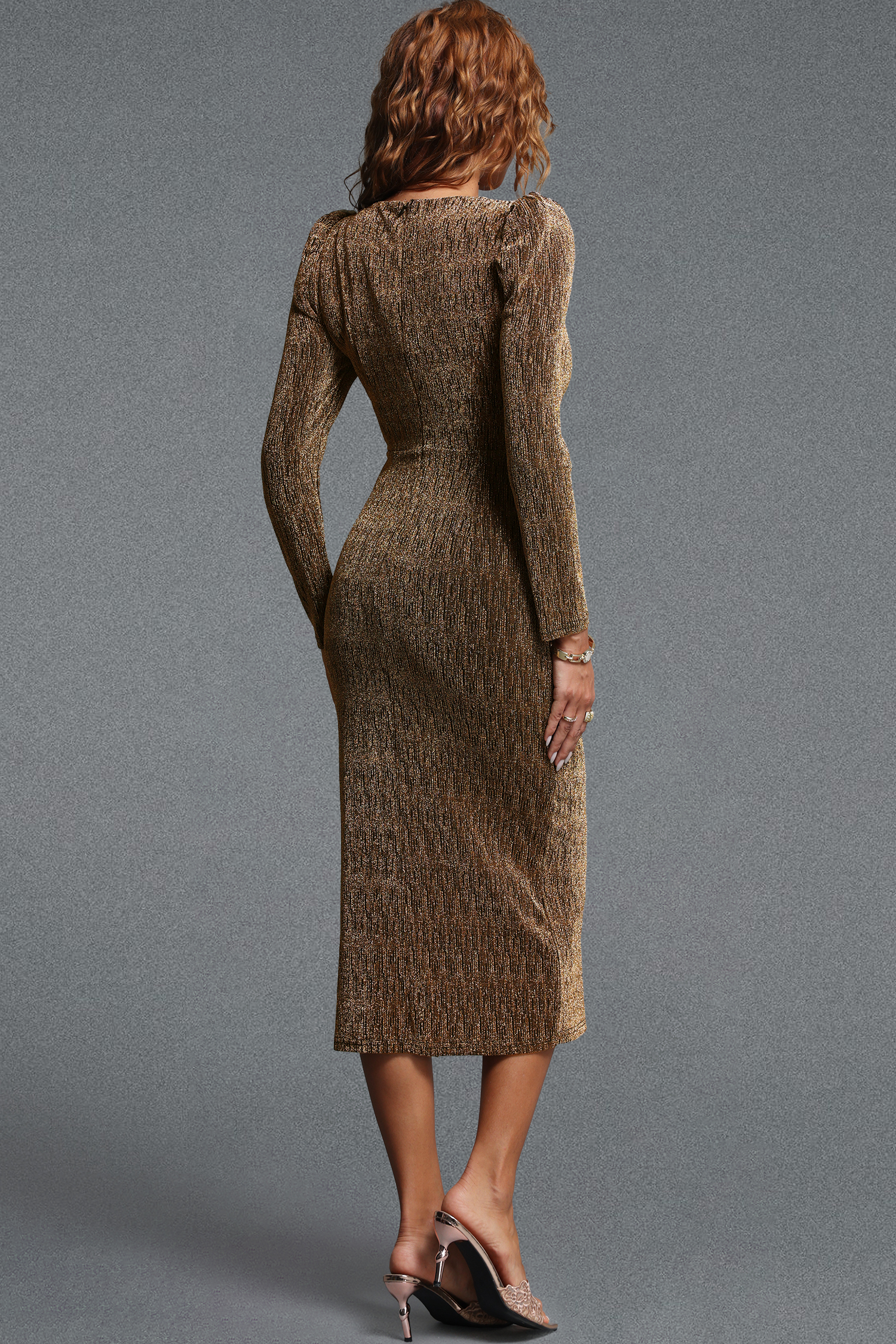 Mailik Vintage Contour Round Neck Long Sleeve Side Ruched Slit Woven Midi Dress
