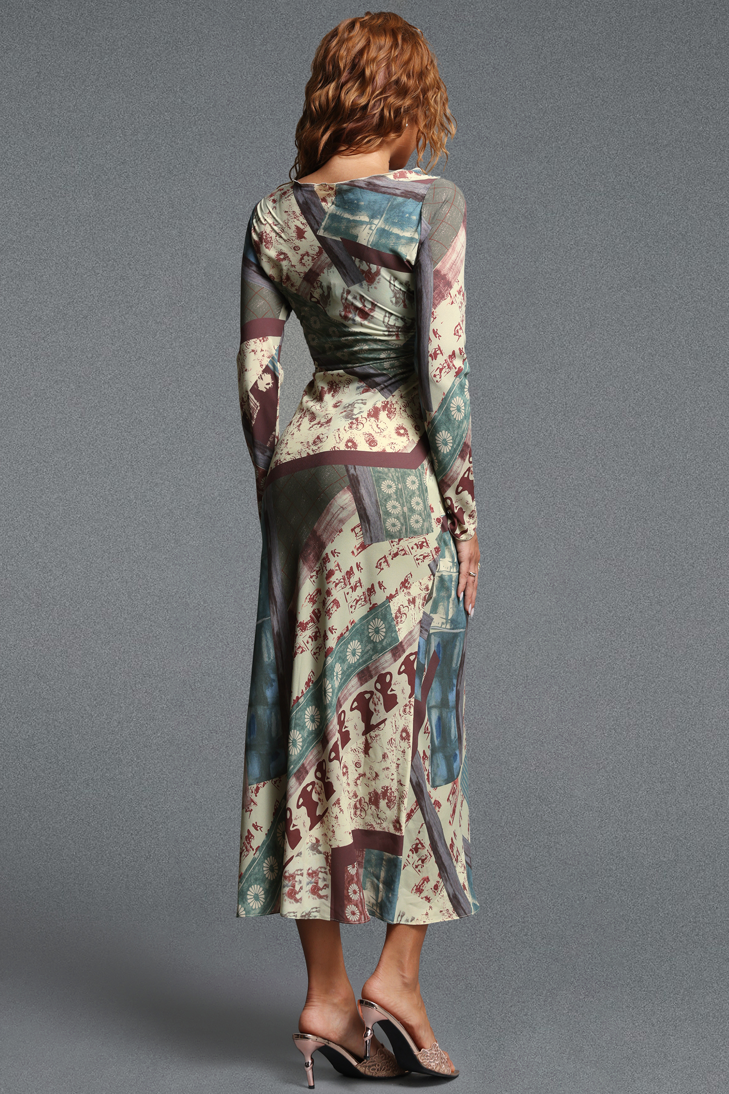 Saha Elegant Flowy V-Neck Long Sleeve Print Maxi Dress