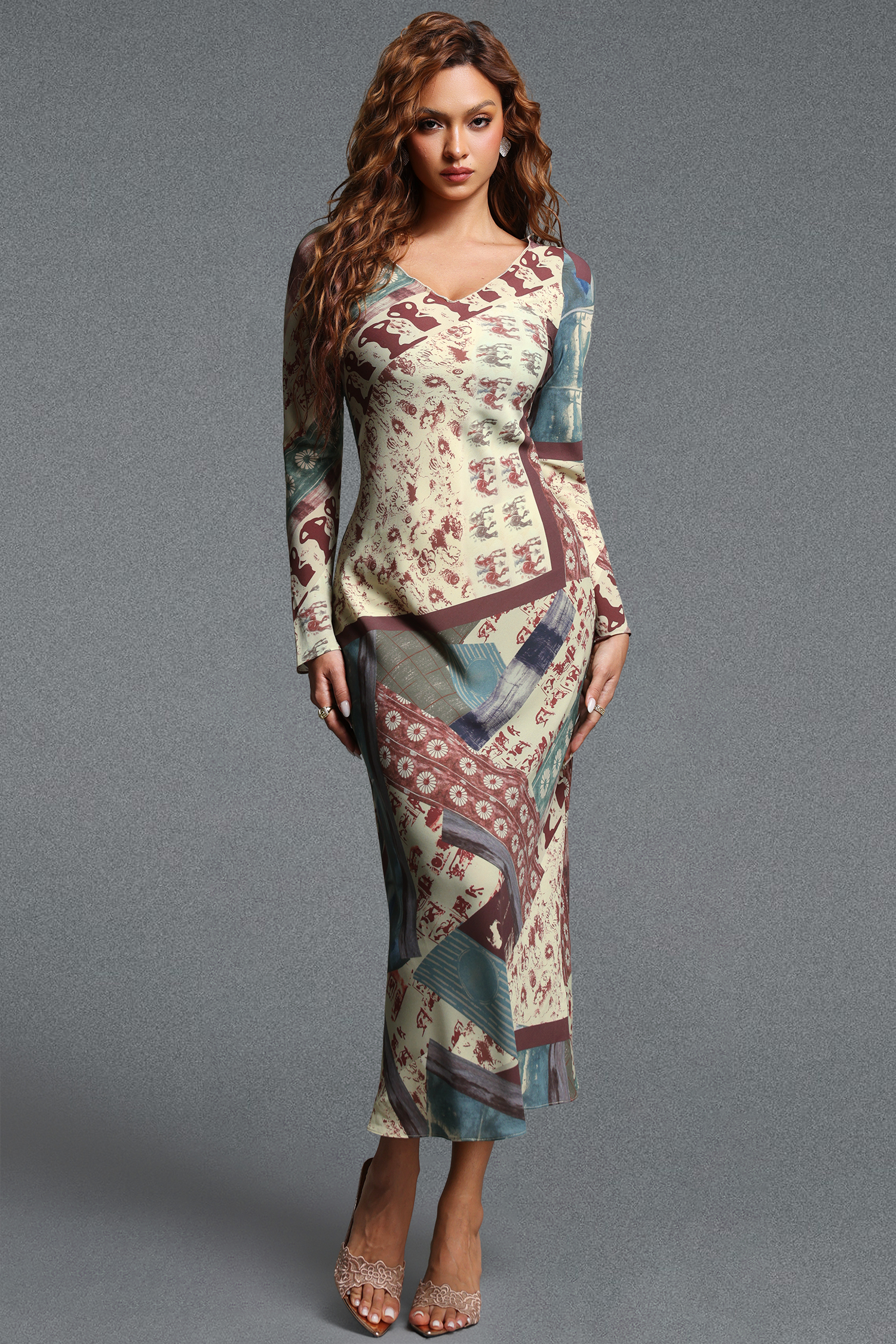 Saha Elegant Flowy V-Neck Long Sleeve Print Maxi Dress