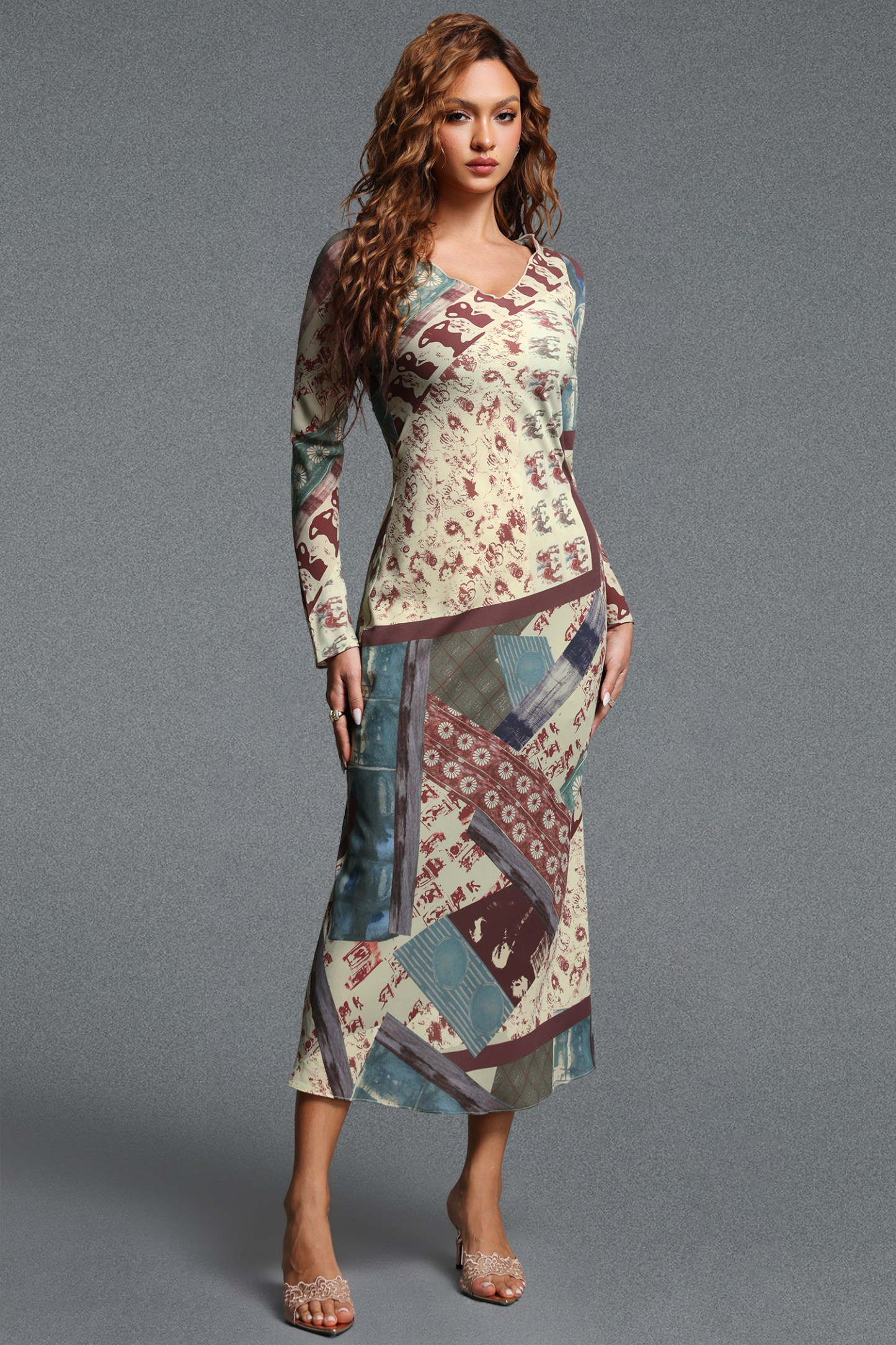 Saha Elegant Flowy V-Neck Long Sleeve Print Maxi Dress
