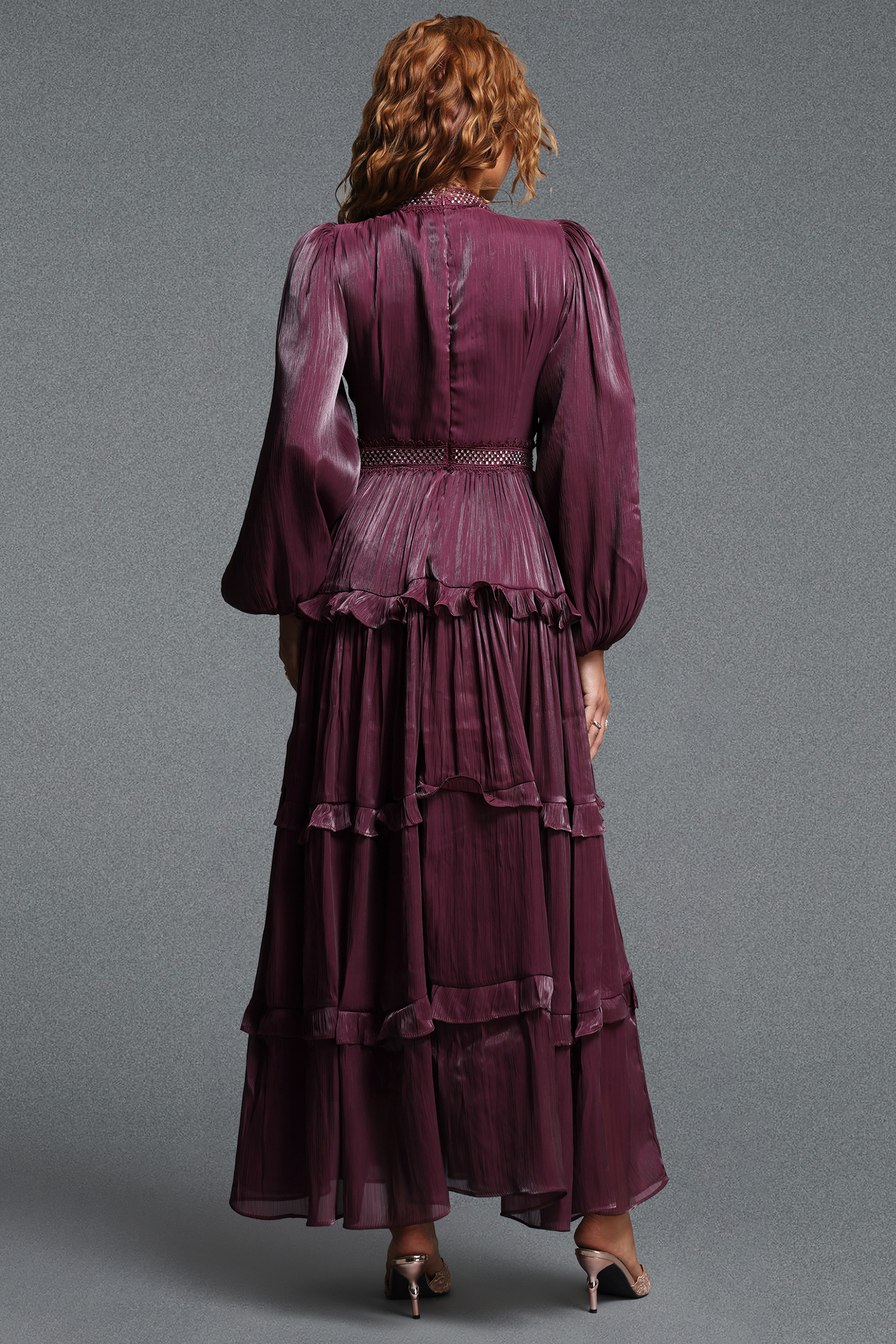 Fring Elegant Flowy Long Sleeve Pleated Tiered Woven Maxi Dress