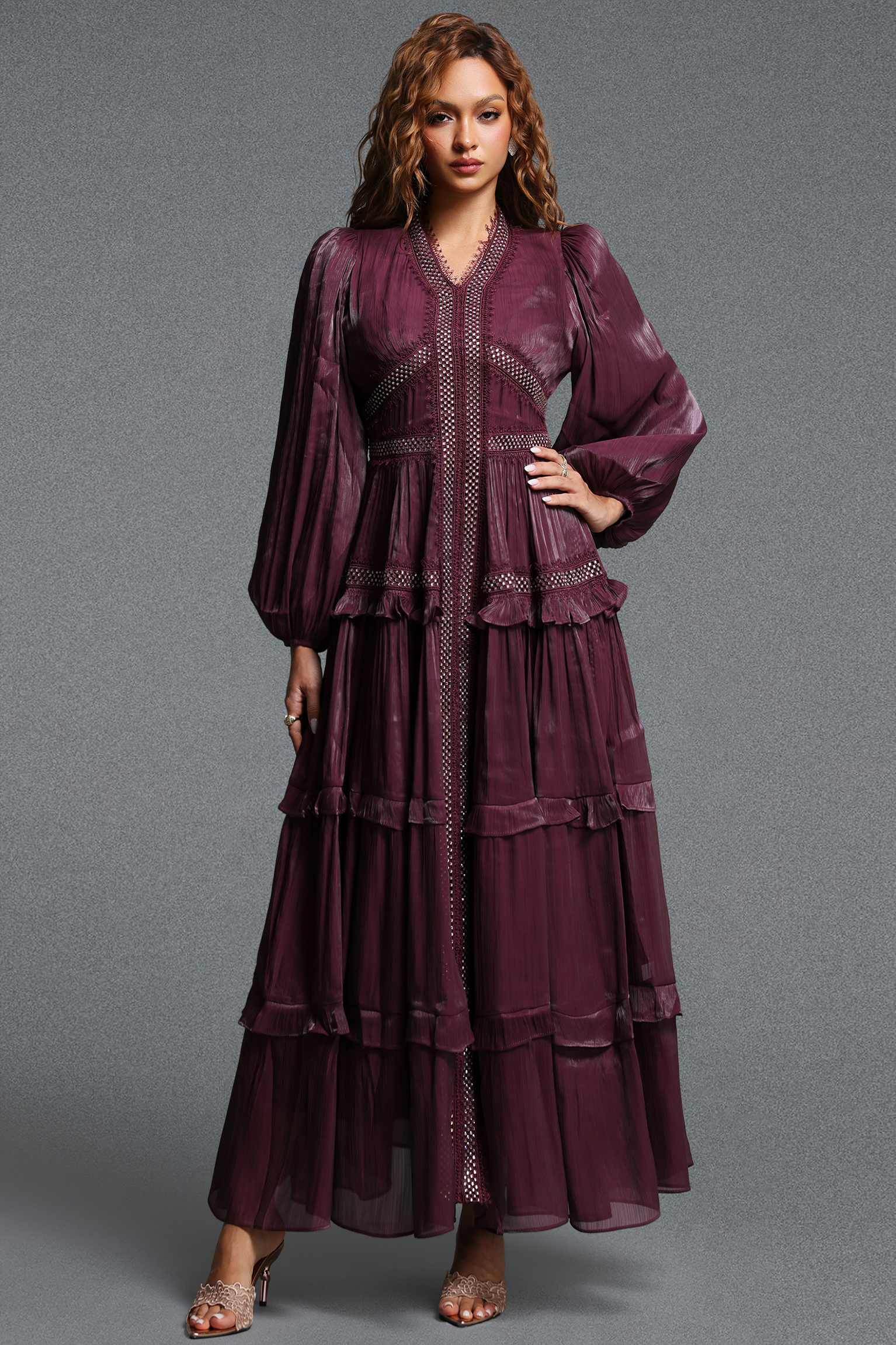 Fring Elegant Flowy Long Sleeve Pleated Tiered Woven Maxi Dress