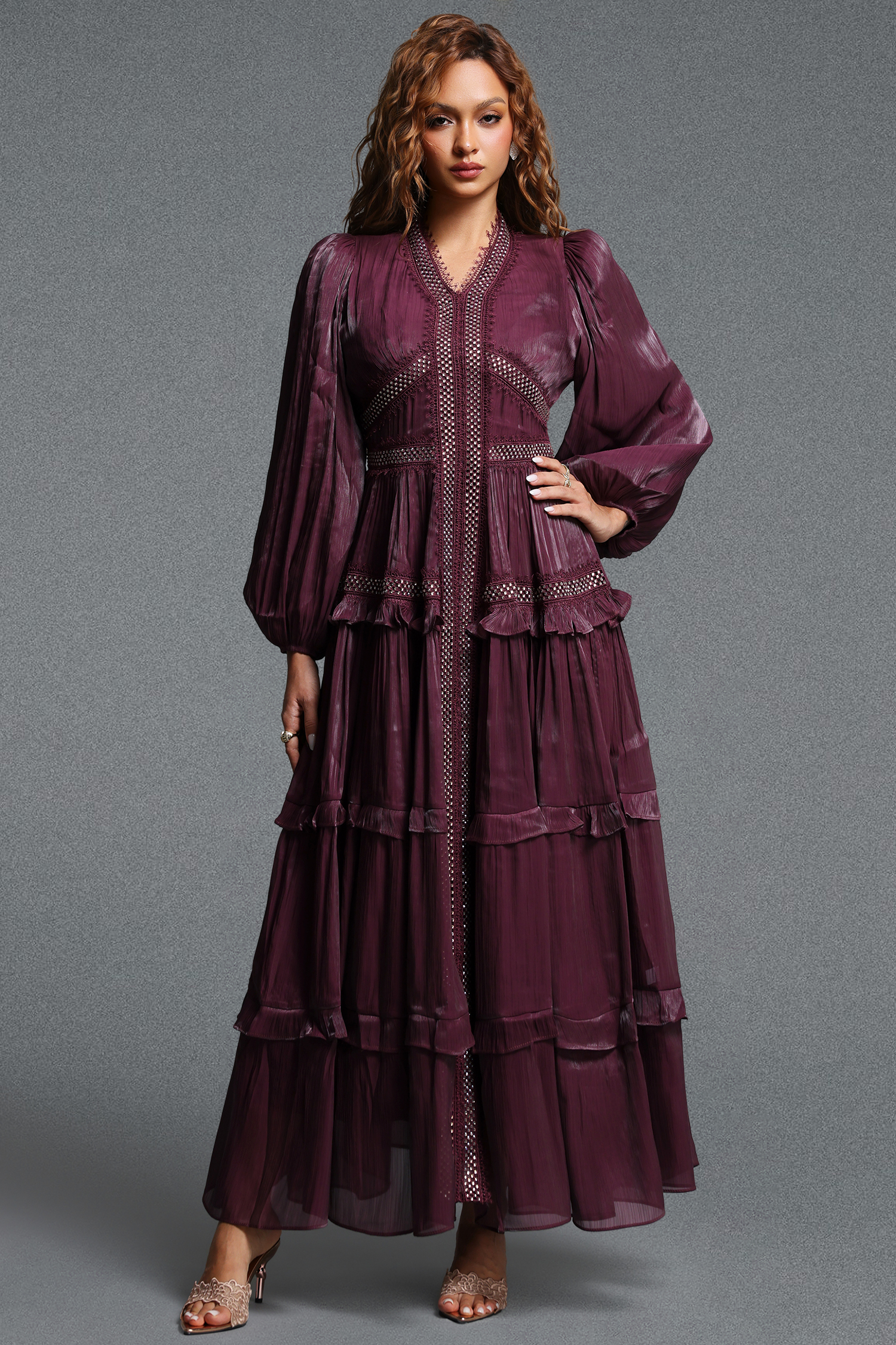 Fring Elegant Flowy Long Sleeve Pleated Tiered Woven Maxi Dress