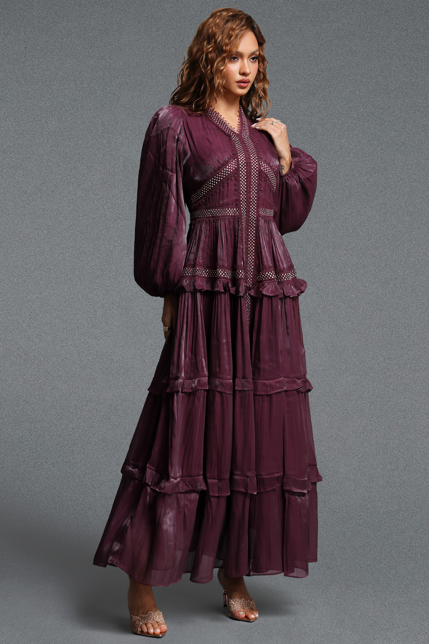 Fring Elegant Flowy Long Sleeve Pleated Tiered Woven Maxi Dress