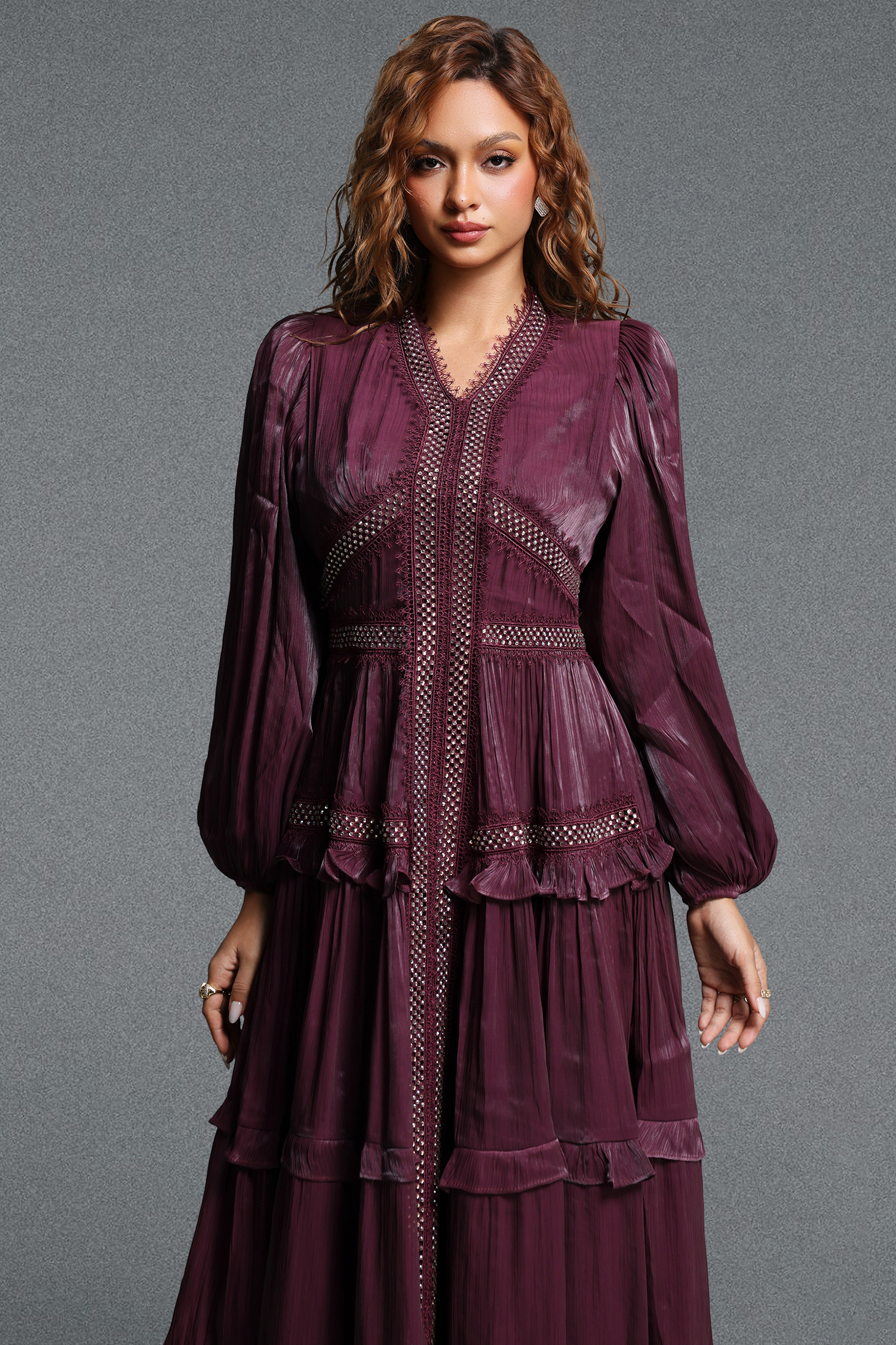 Fring Elegant Flowy Long Sleeve Pleated Tiered Woven Maxi Dress
