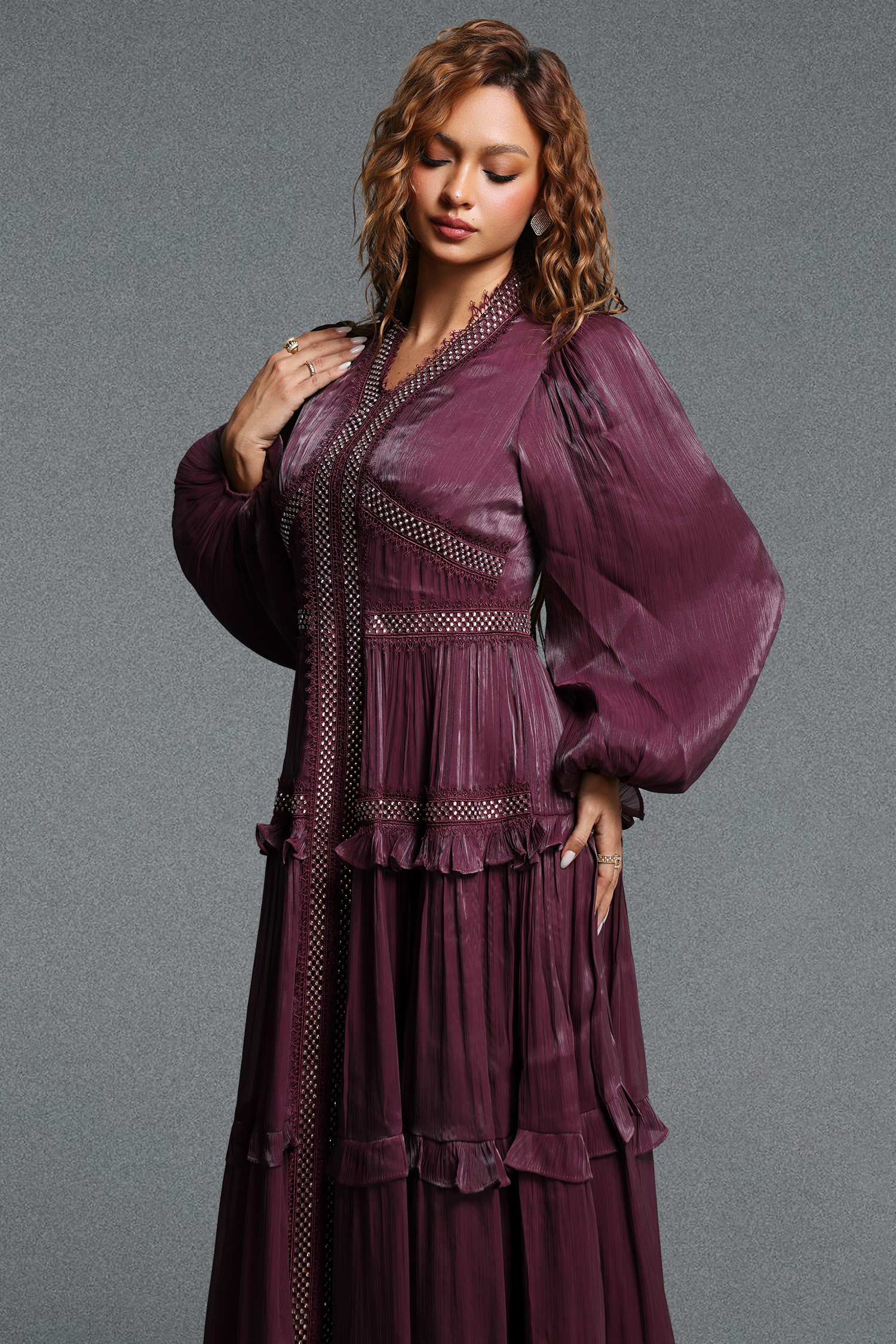 Fring Elegant Flowy Long Sleeve Pleated Tiered Woven Maxi Dress