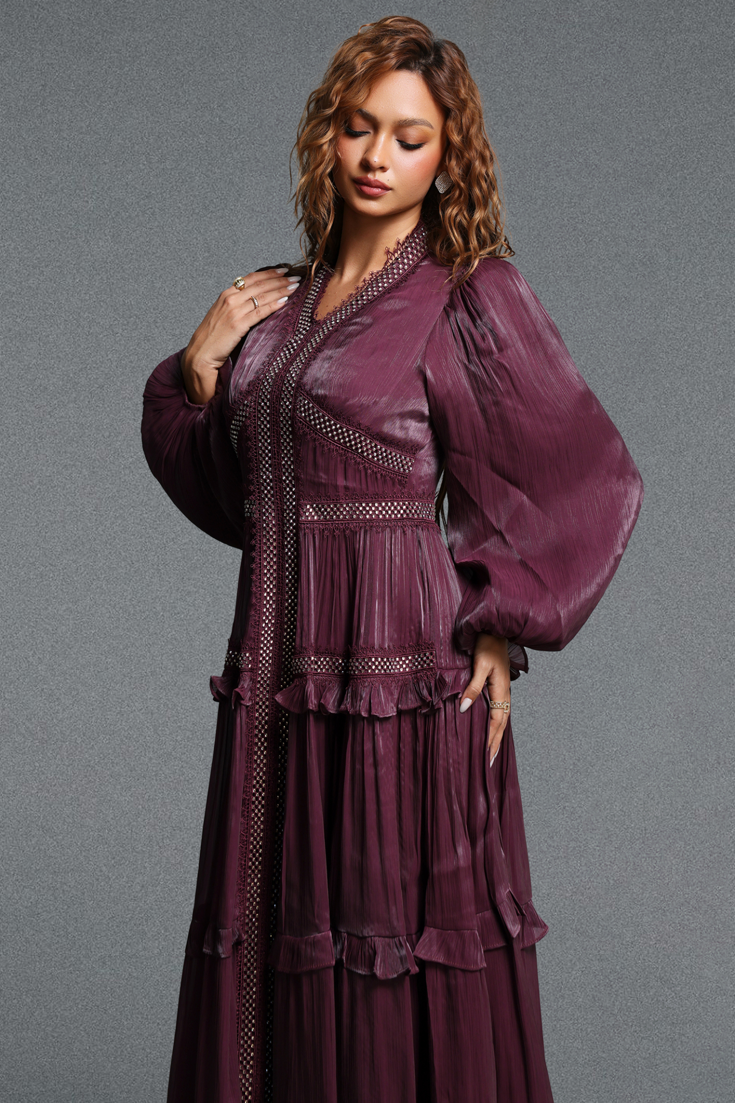 Fring Elegant Flowy Long Sleeve Pleated Tiered Woven Maxi Dress