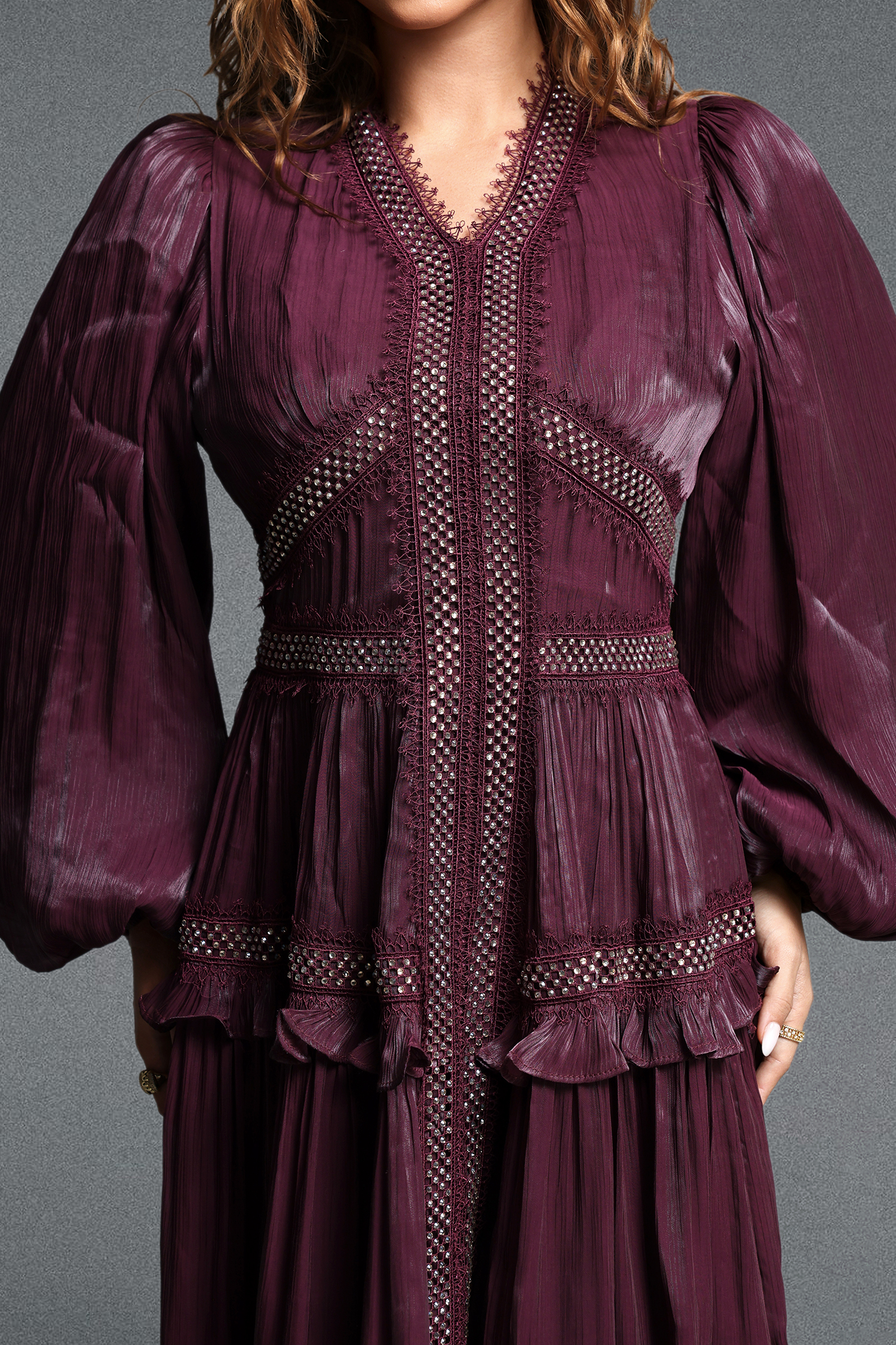 Fring Elegant Flowy Long Sleeve Pleated Tiered Woven Maxi Dress