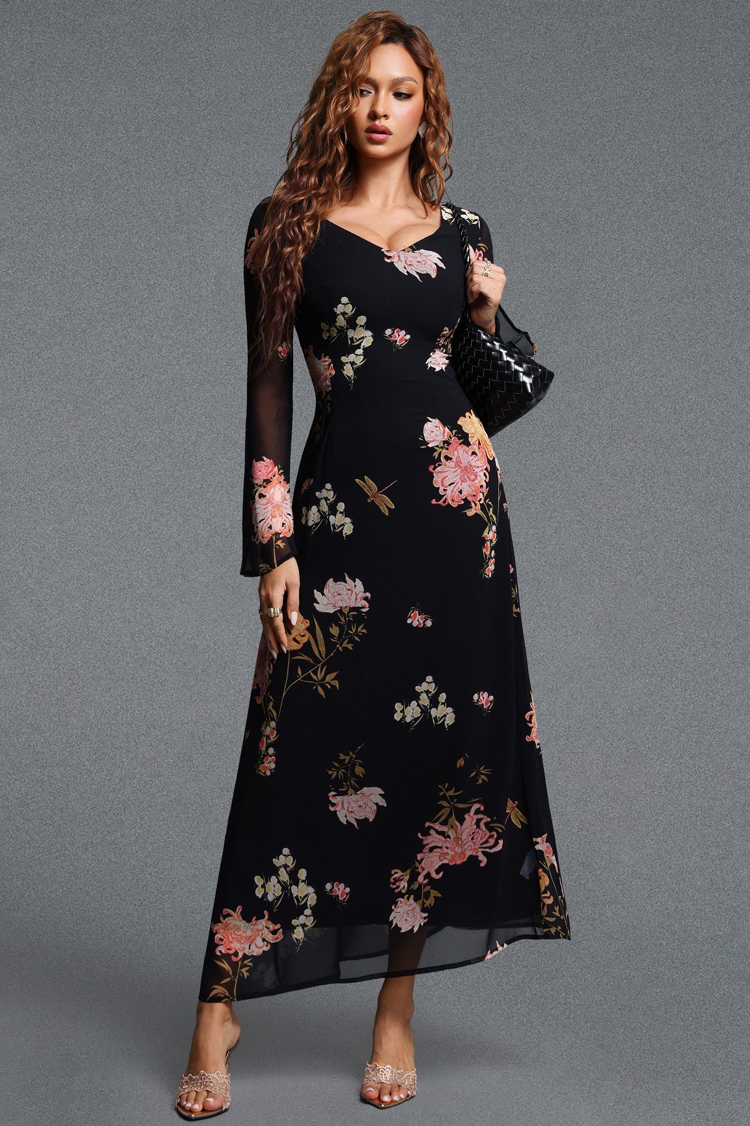 Mistrsa Elegant Flowy V-Neck Long Sleeve Floral Print Chiffon Maxi Dress