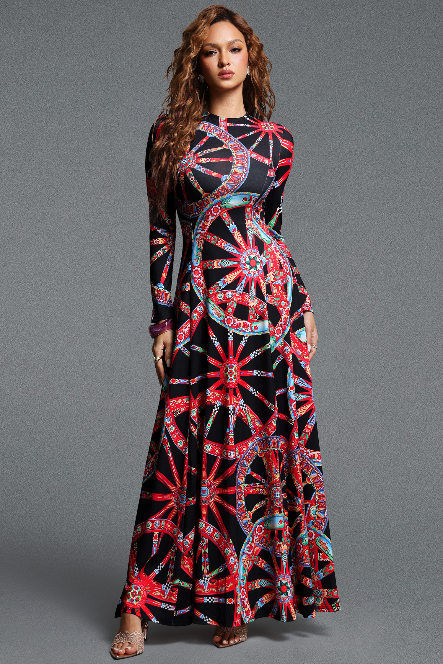 Hainsley Chic Contour Round Neck Long Sleeve Print Woven Maxi Dress