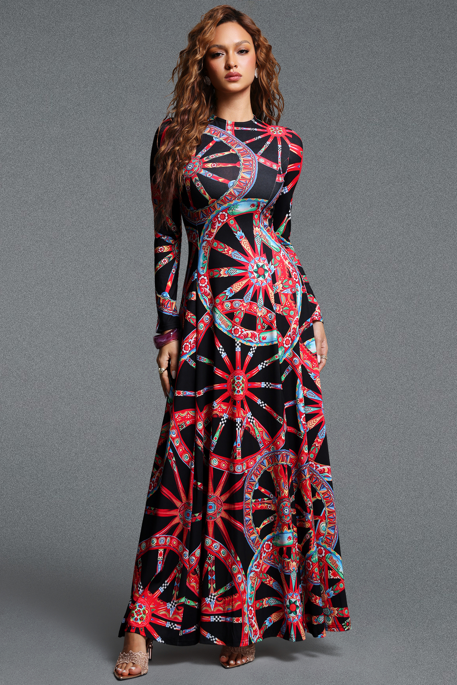 Hainsley Chic Contour Round Neck Long Sleeve Print Woven Maxi Dress