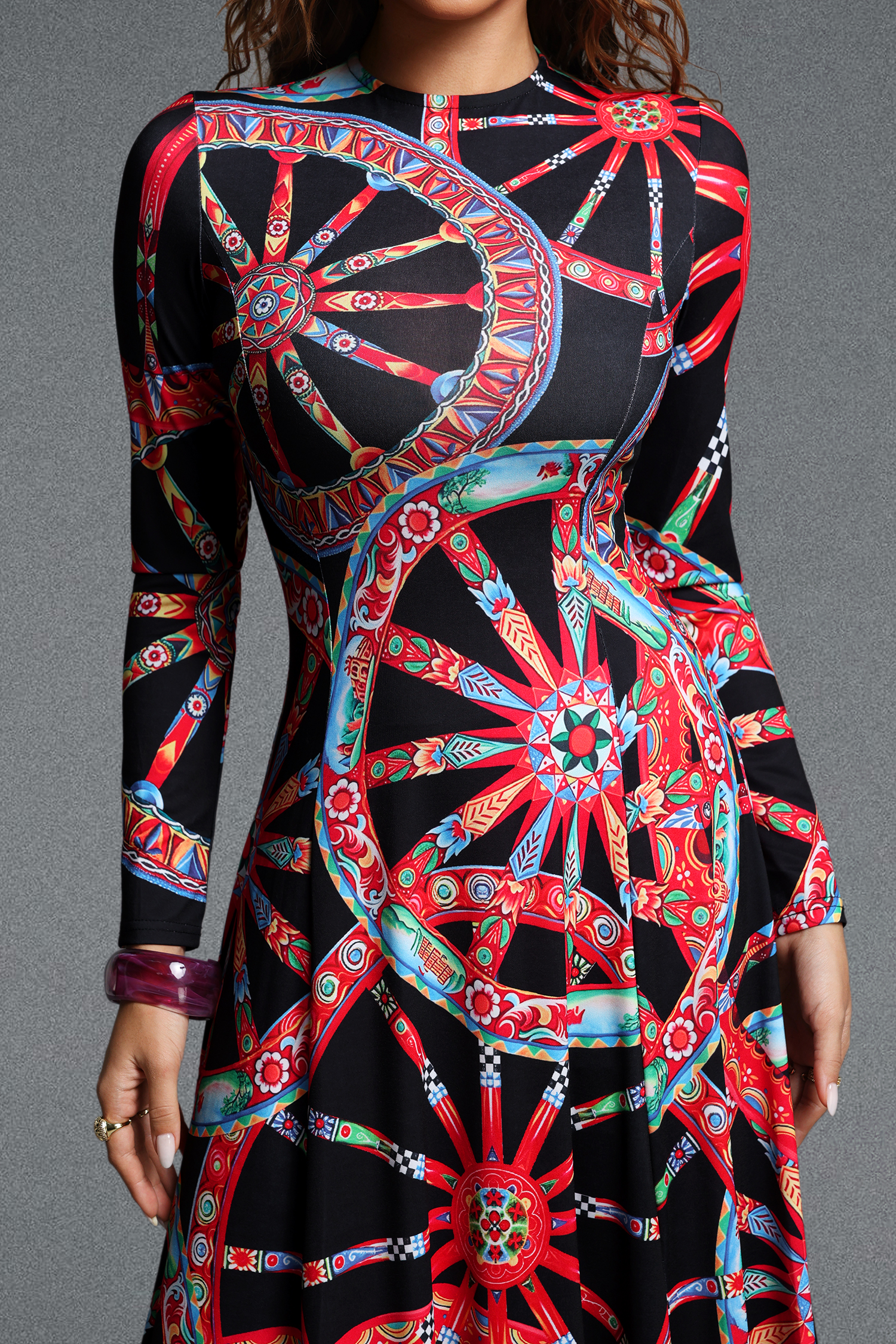 Hainsley Chic Contour Round Neck Long Sleeve Print Woven Maxi Dress