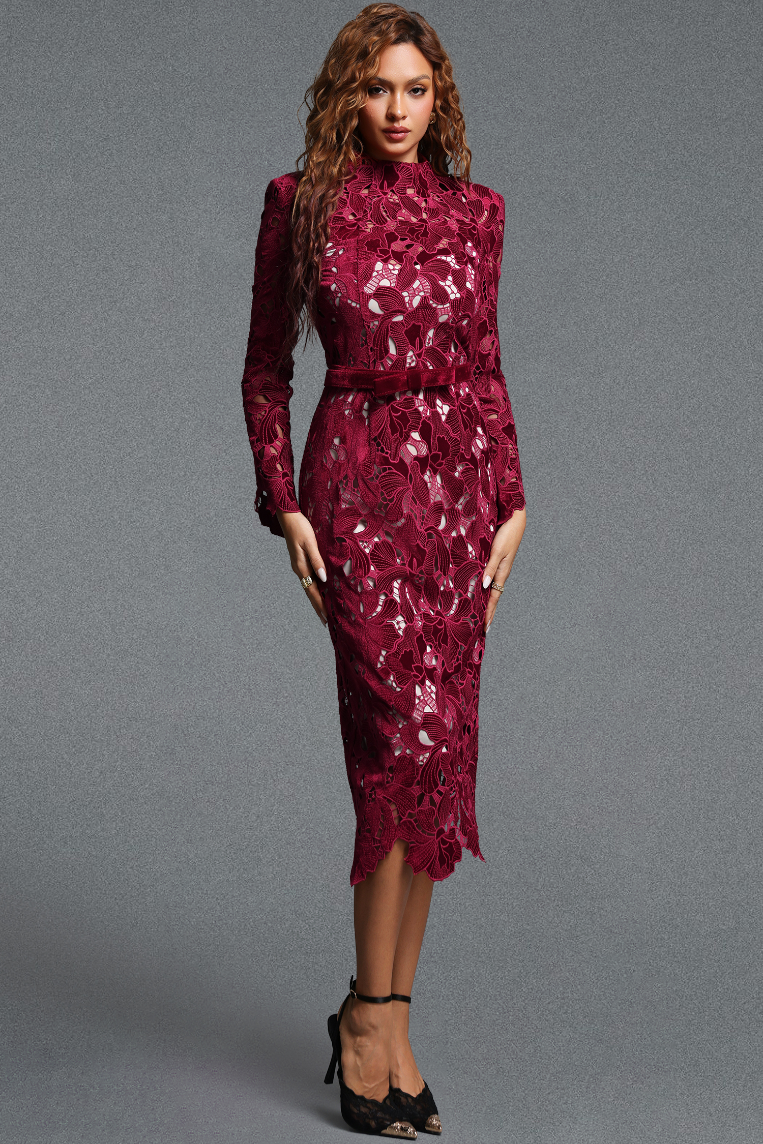 Nanon Vintage Tailored Mock Neck Long Sleeve Cutout Floral Lace Midi Dress