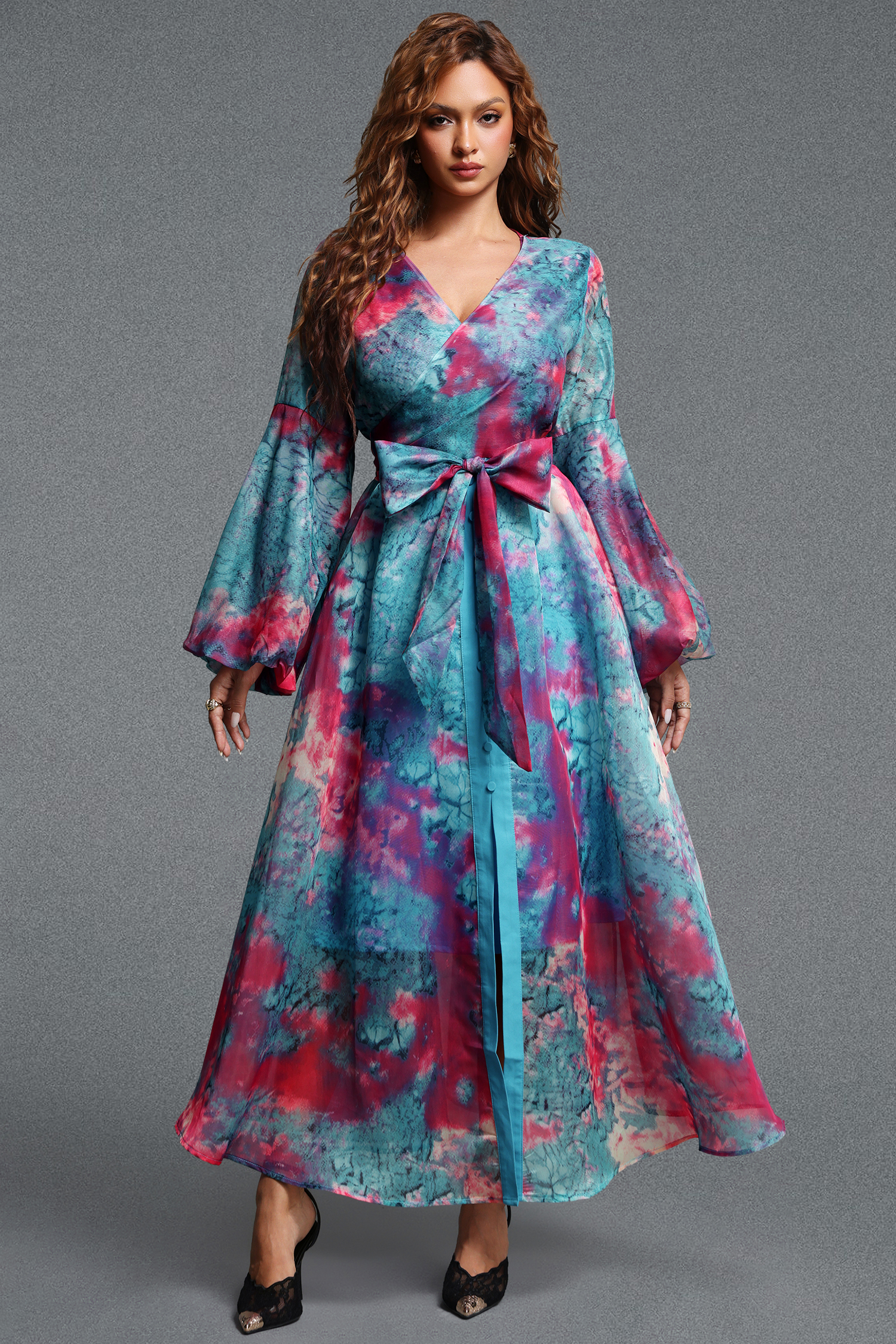 Lalila Romantic Flowy V-Neck Long Sleeve Printed Organza Maxi Dress