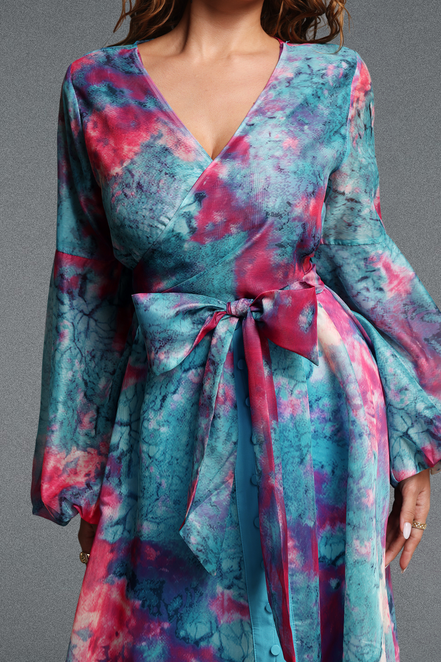Lalila Romantic Flowy V-Neck Long Sleeve Printed Organza Maxi Dress