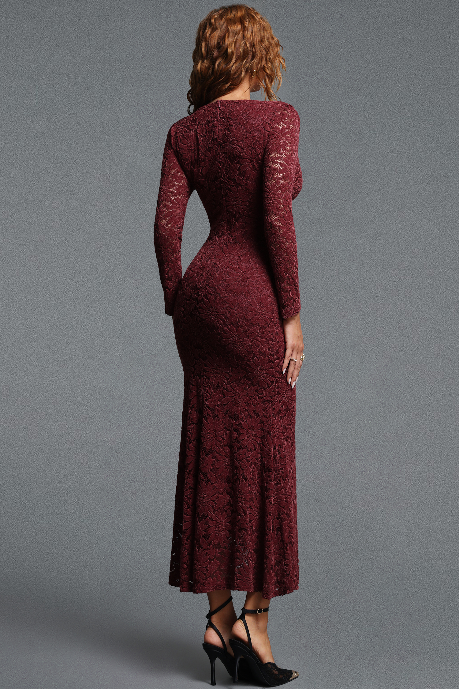 Rago Elegant Contour V-Neck Long Sleeve Floral Lace Maxi Dress