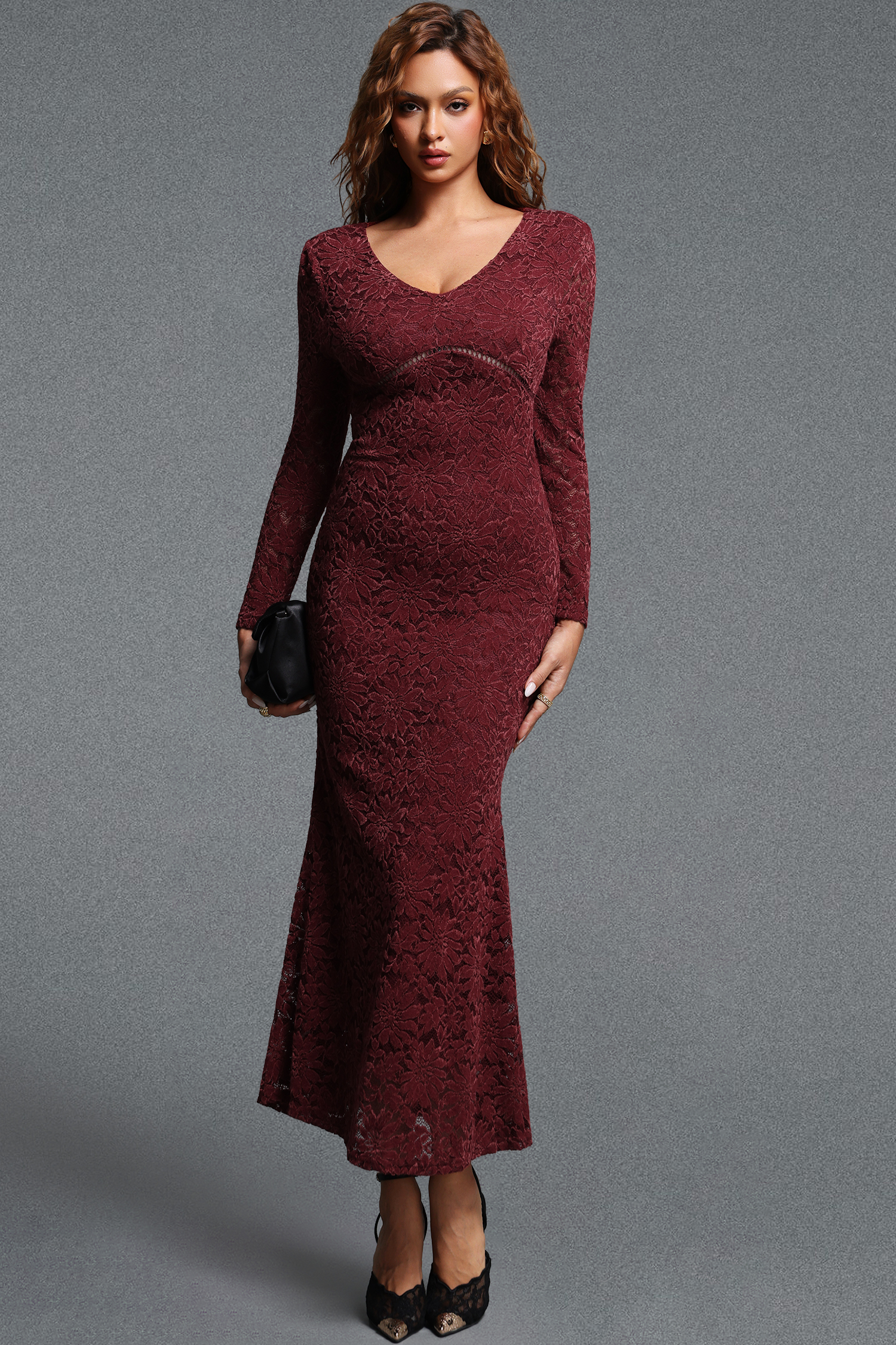 Rago Elegant Contour V-Neck Long Sleeve Floral Lace Maxi Dress