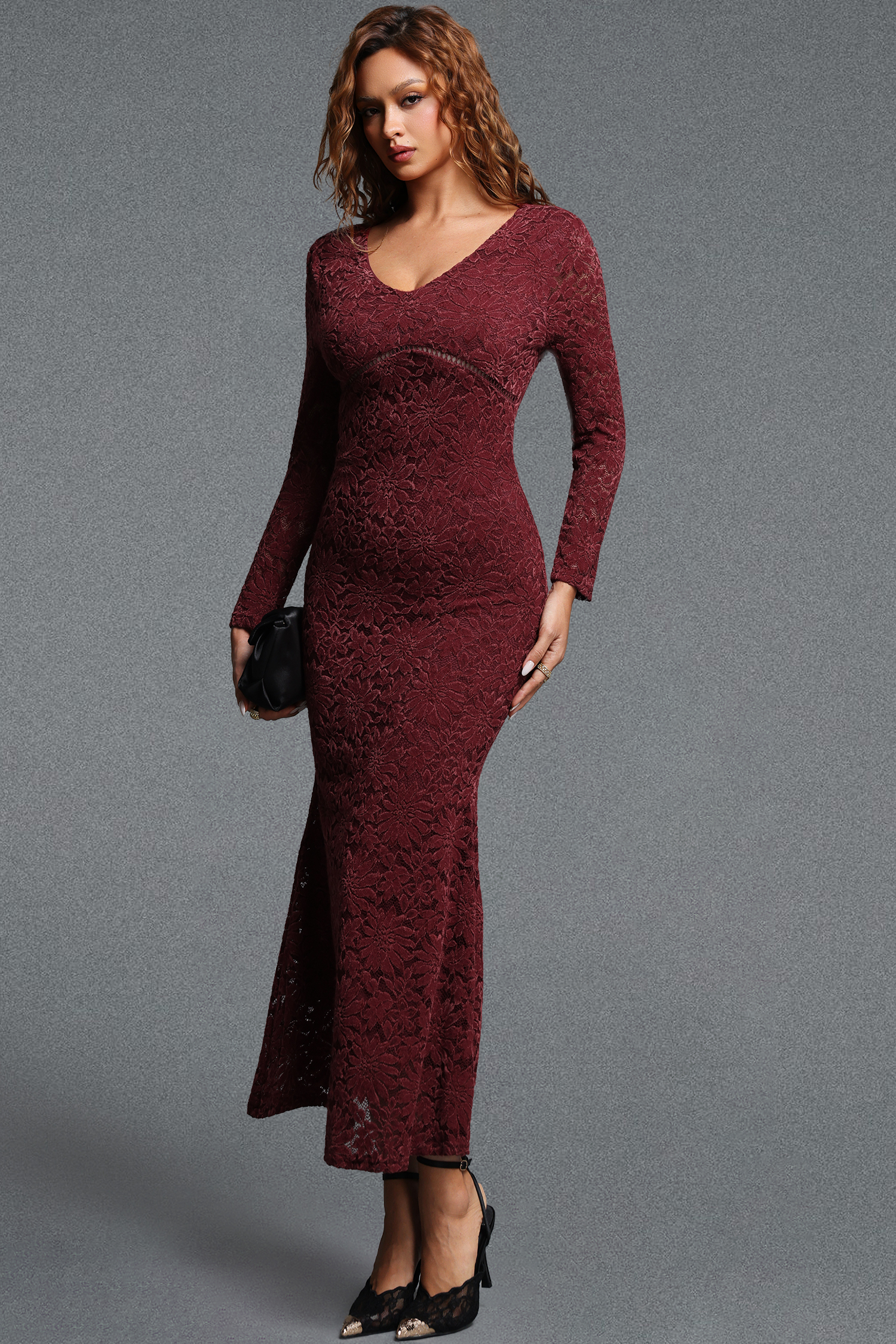 Rago Elegant Contour V-Neck Long Sleeve Floral Lace Maxi Dress